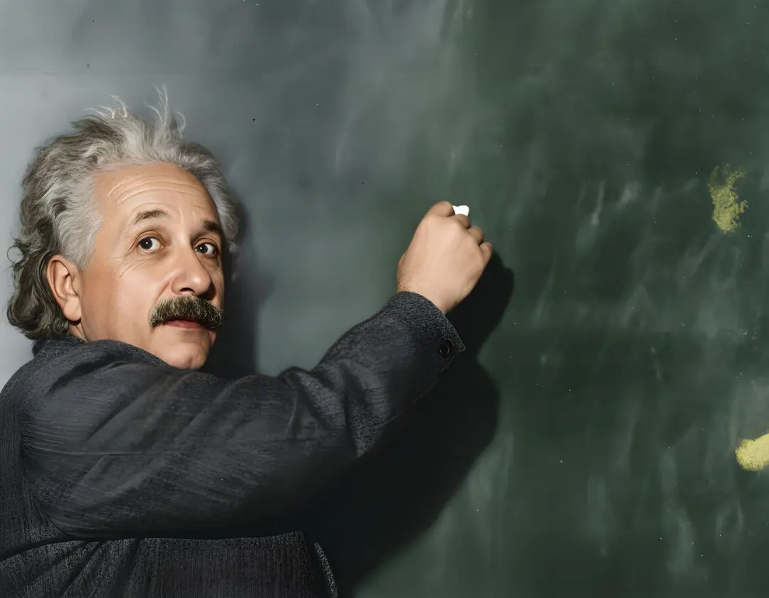 مردی با ظاهری شبیه به آلبرت اینشتین (Albert Einstein) در حال نوشتن روی تخته سیاه