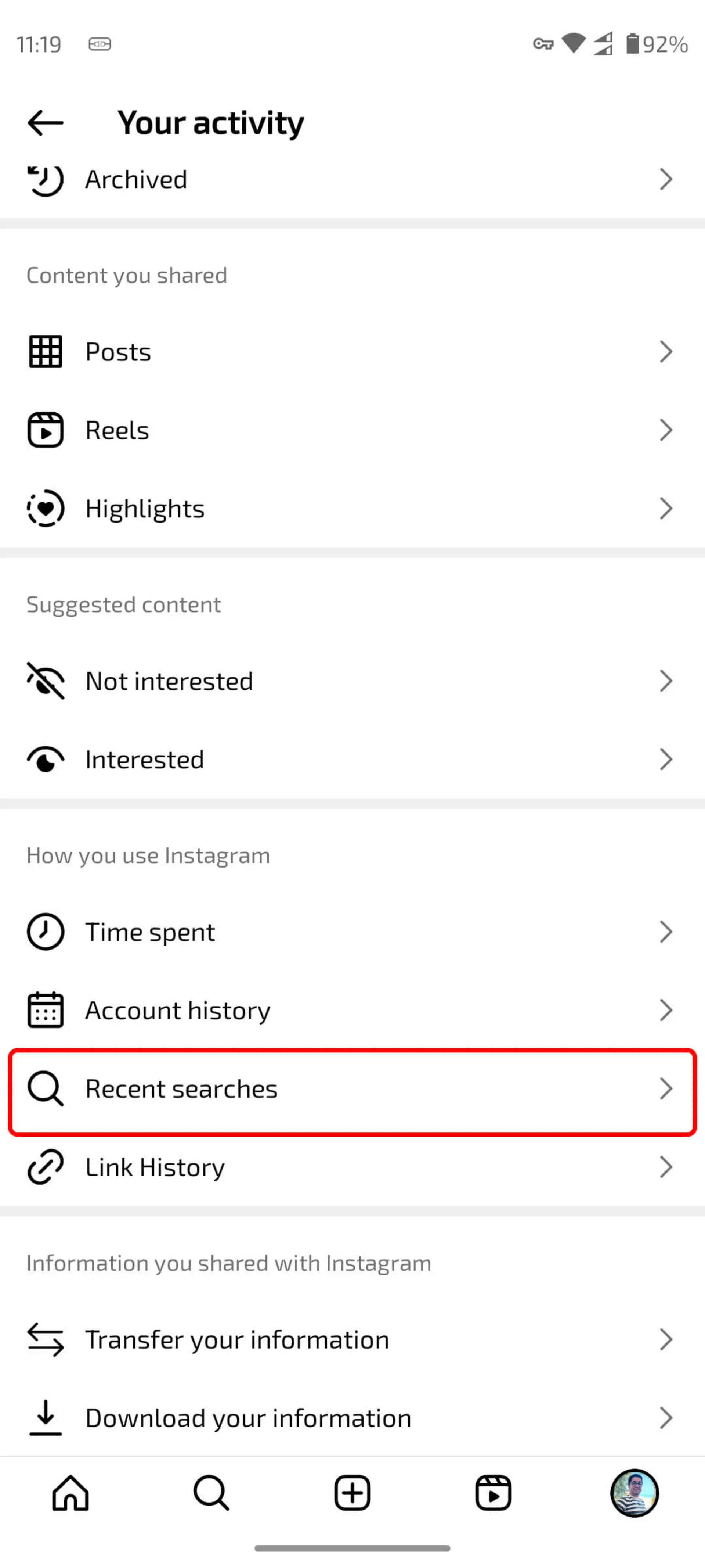 صفحه Your activity و انتخاب گزینه Recent searches