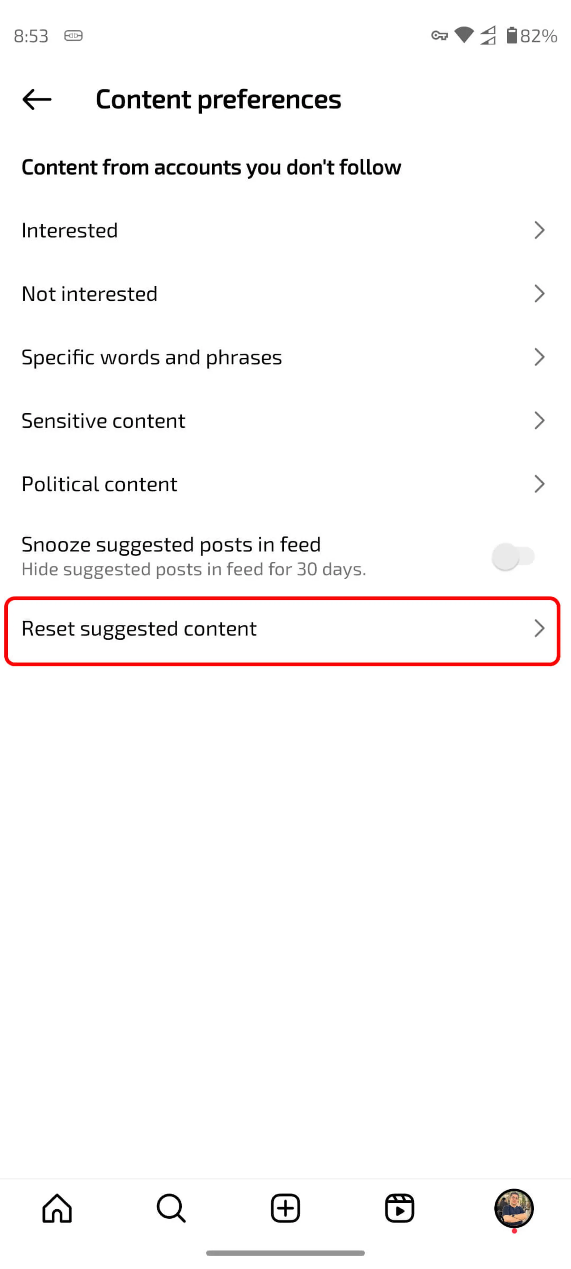 صفحه Content preferences (اولویت‌های محتوا) اینستاگرام