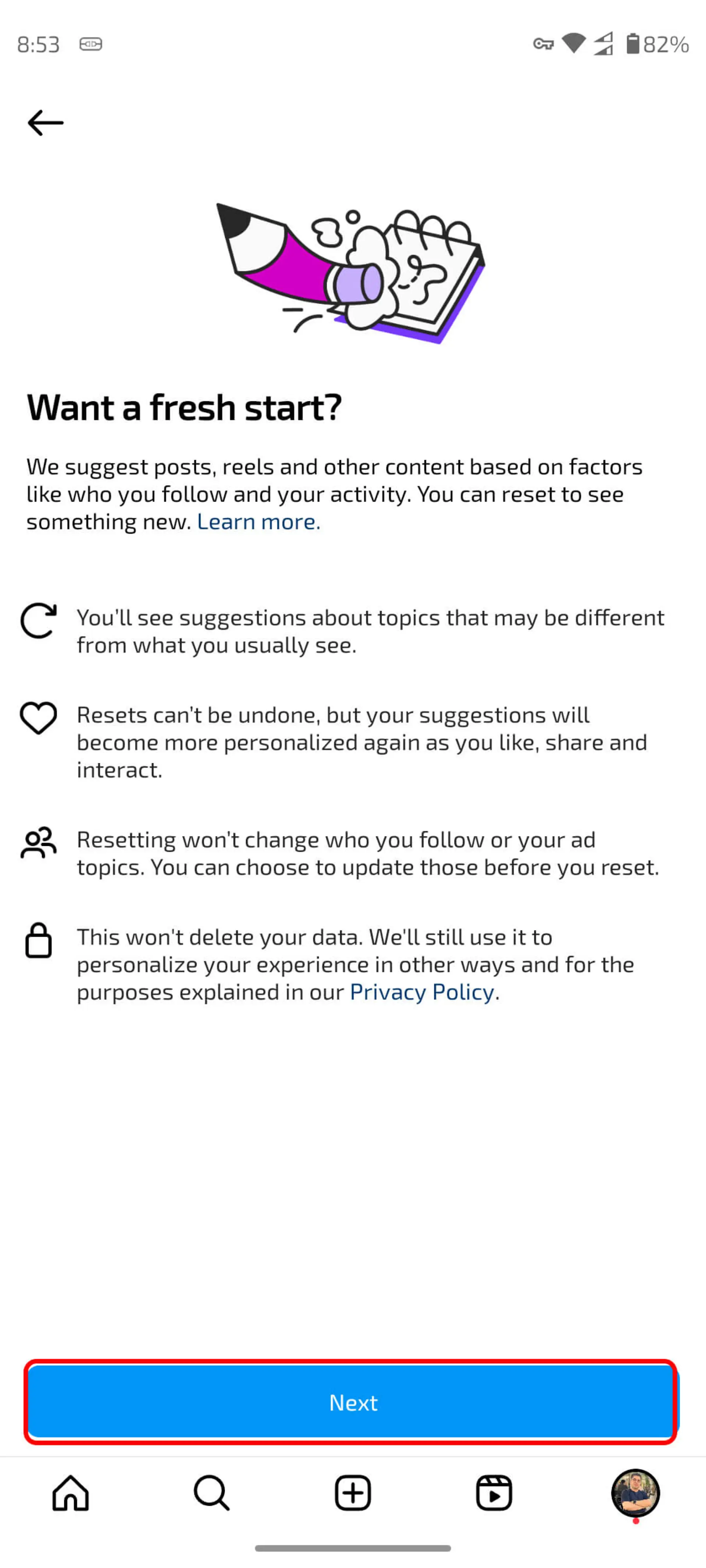 صفحه Reset suggested contenet (ریست محتوای پیشنهادی) در اینستاگرام