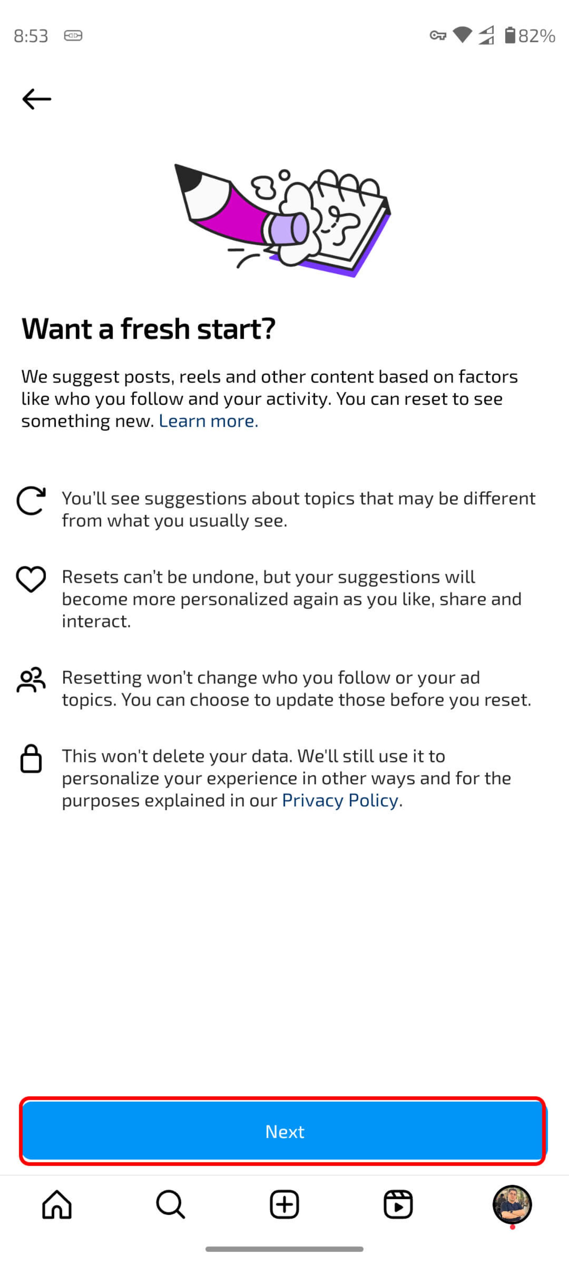 صفحه Reset suggested contenet (ریست محتوای پیشنهادی) در اینستاگرام