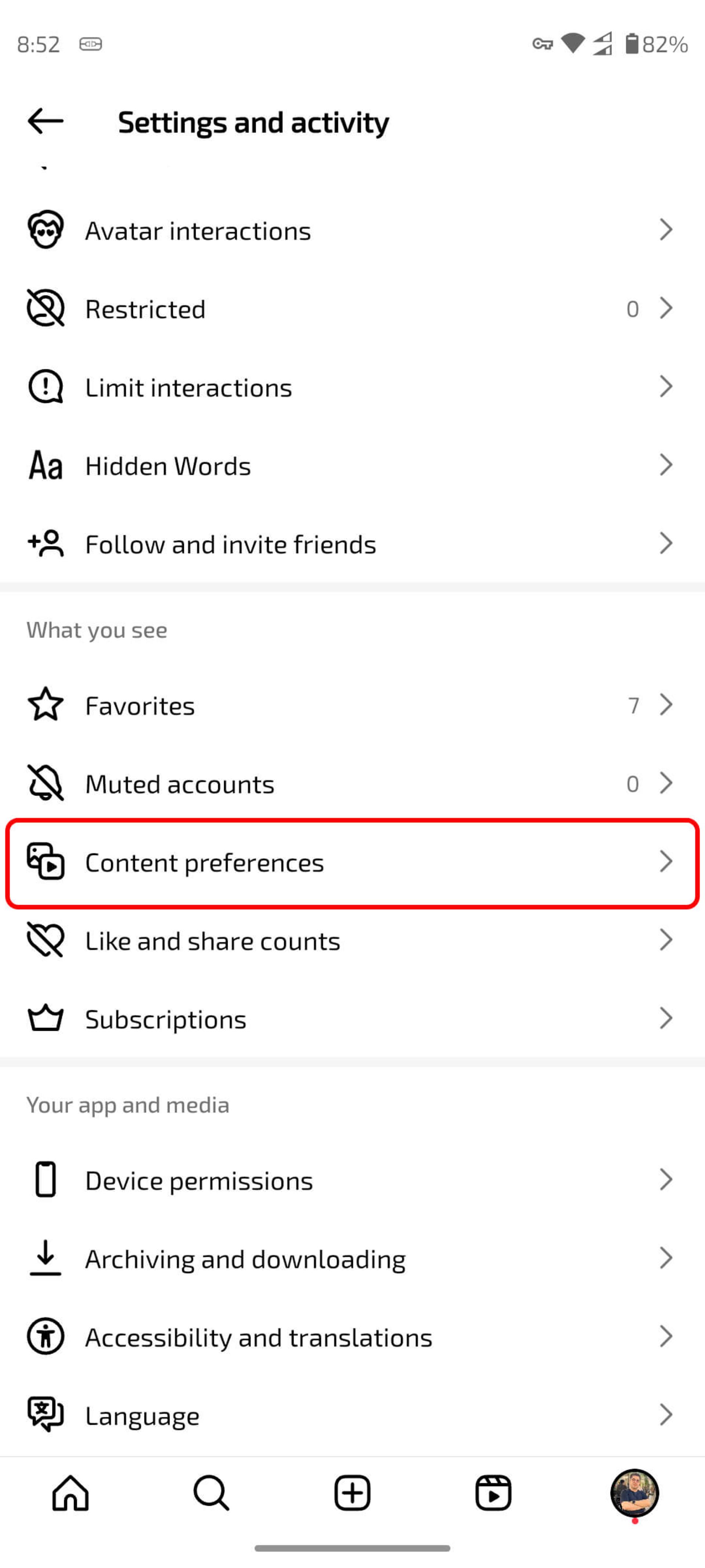 انتخاب Content preferences (اولویت‌های محتوا)