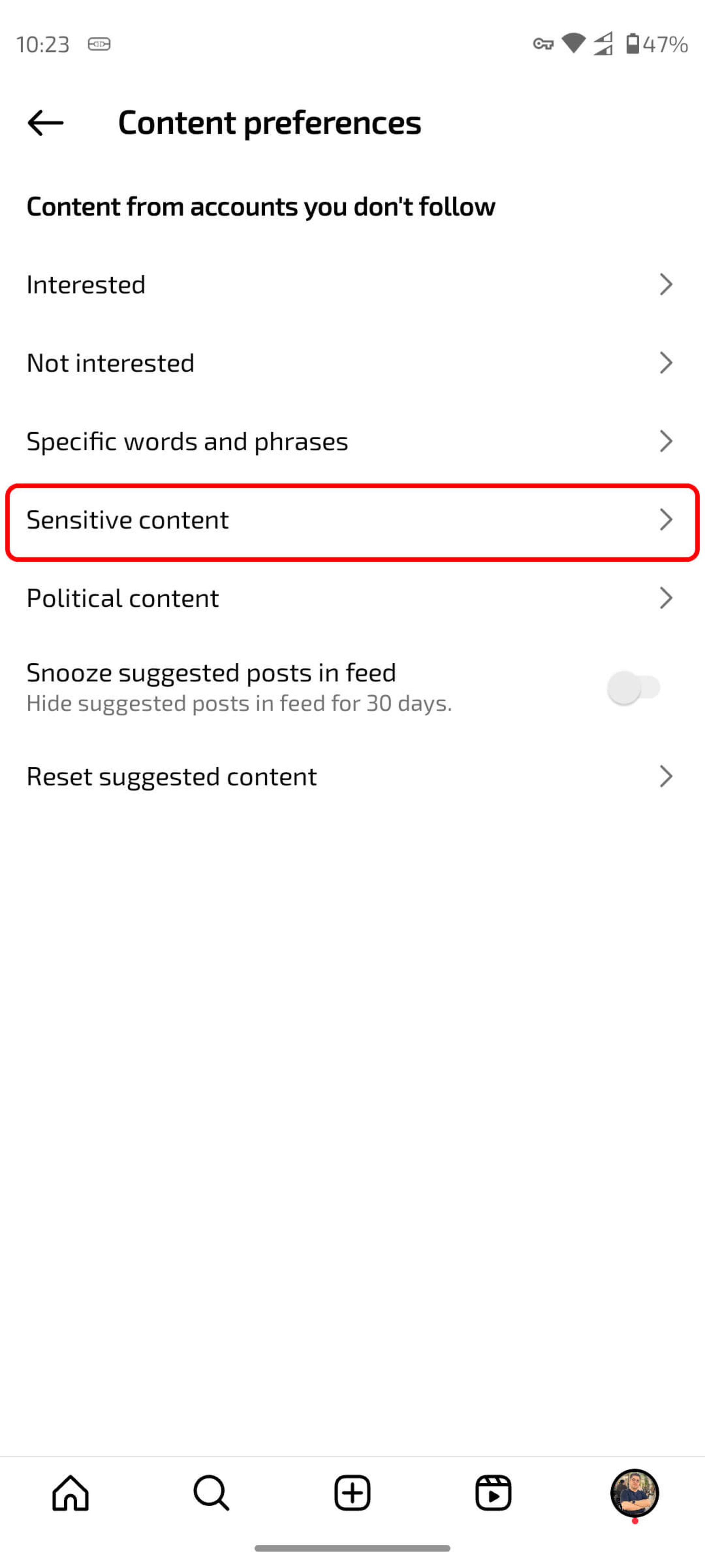 انتخاب Sensitive content (محتوای حساس)