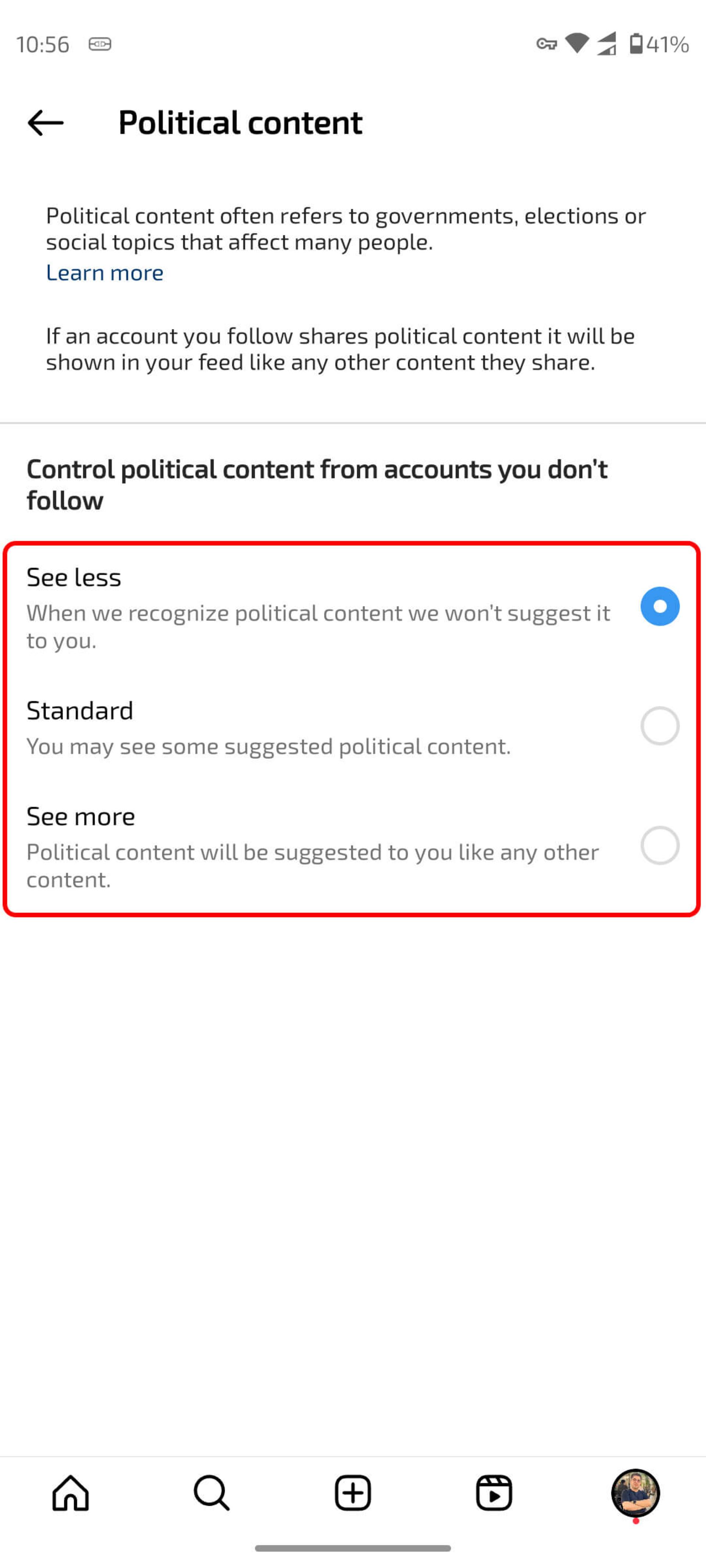 انتخاب Political content (محتوای سیاسی) برای محدود کردن محتوای سیاسی