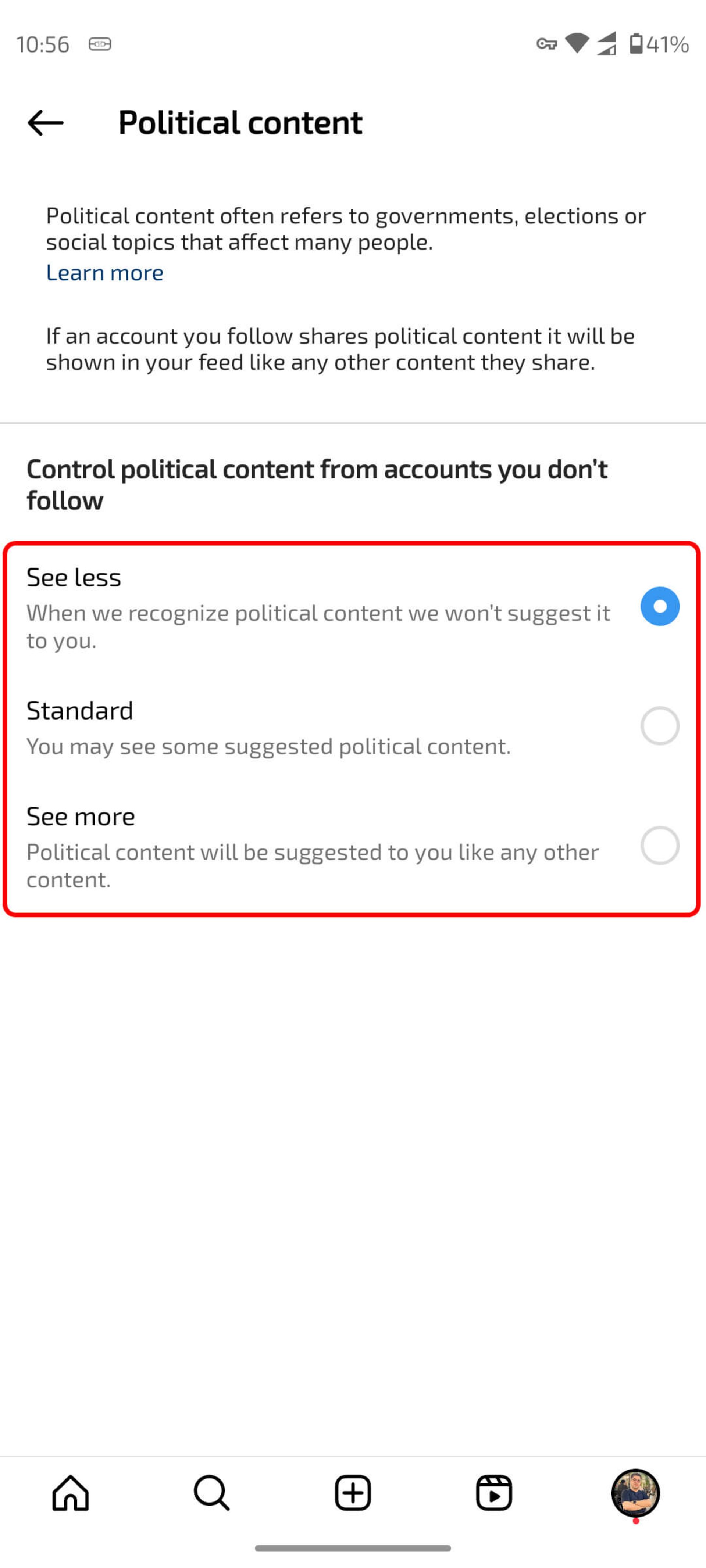 انتخاب Political content (محتوای سیاسی) برای محدود کردن محتوای سیاسی