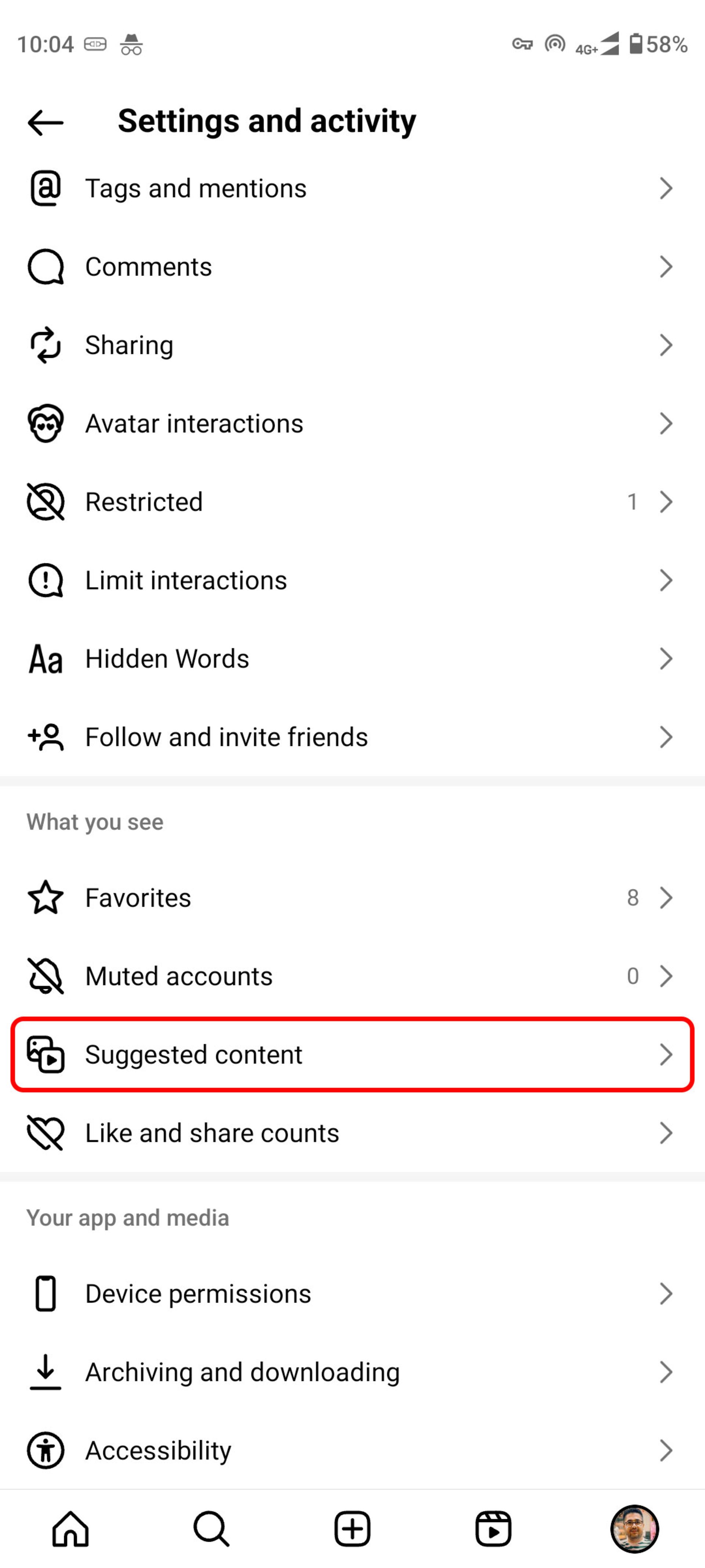 صفحه settings and activity اینستاگرام