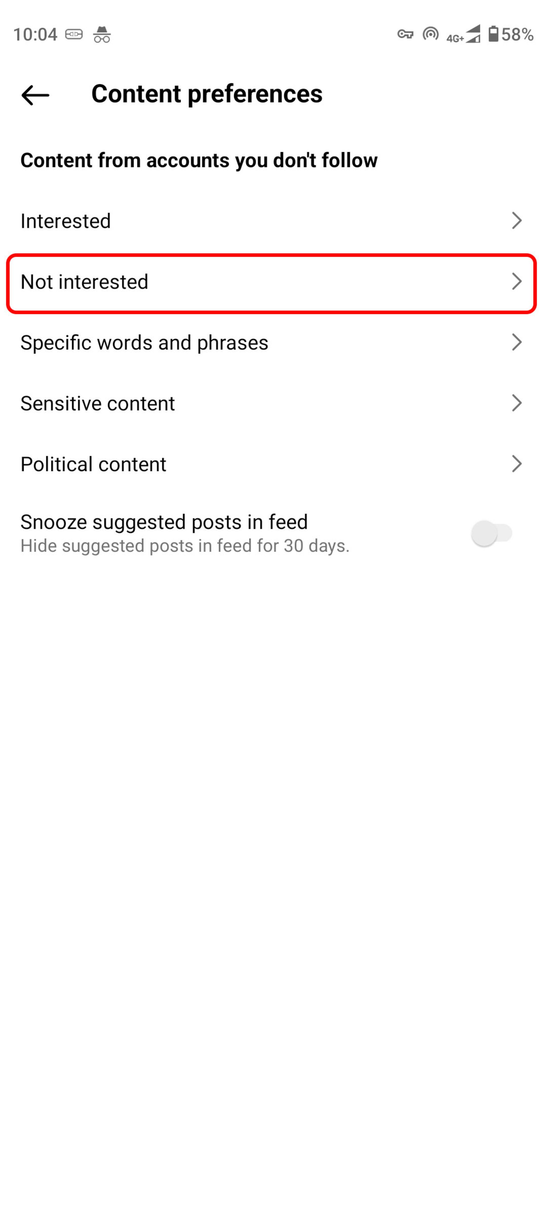 Content preferences page and select Not interested