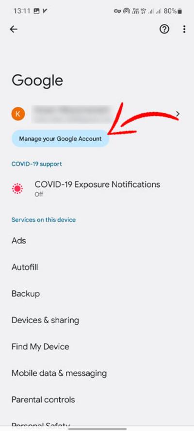 Manage your google account option