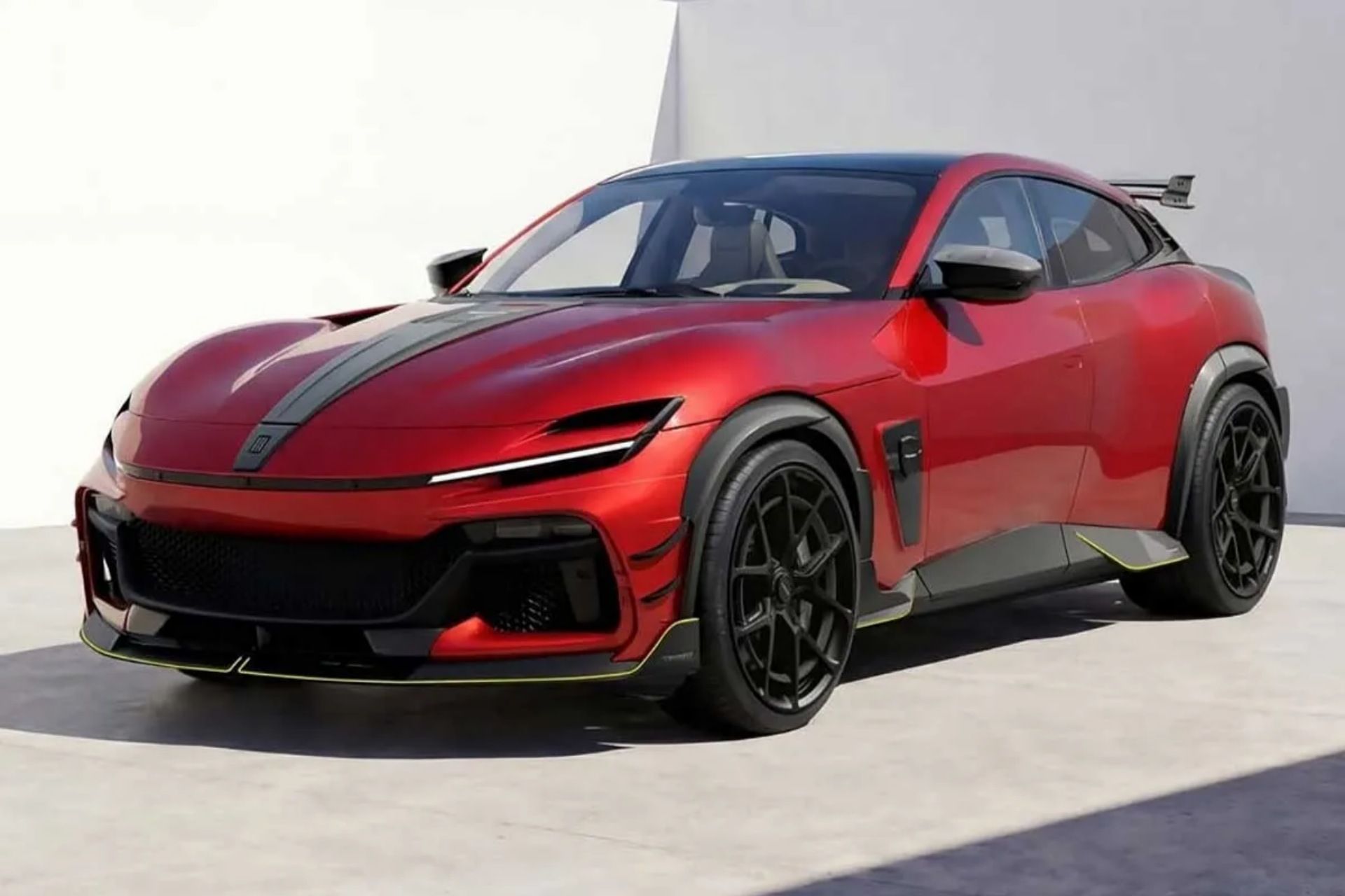 مدل سفارشی فراری پوروسانگوئه در رنگ قرمز به‌صورت پارک‌شده