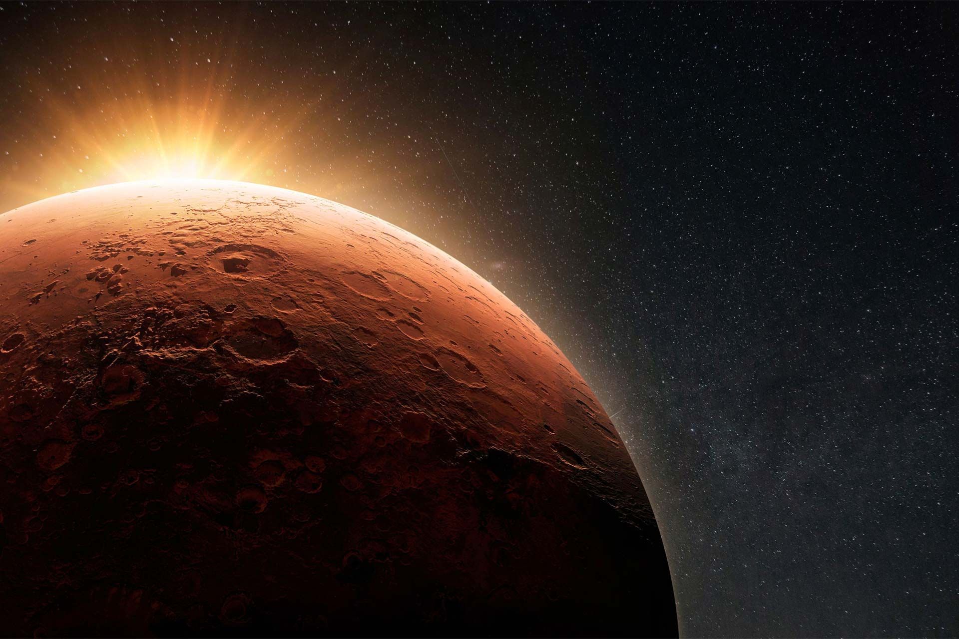 تصویرسازی از سطح حفره‌دار مریخ و خورشید درحال طلوع از پشت آن