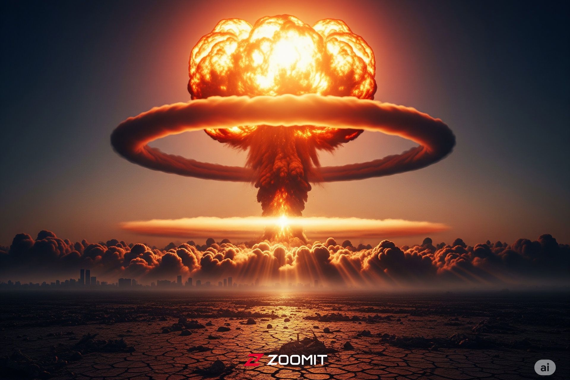 انفجار هسته‌ای عظیم با ابر قارچی چشمگیر که آسمان را فرا گرفته، تُن‌های نارنجی و قرمز گرم شدید در تضاد با ابرهای خاکستری تیره