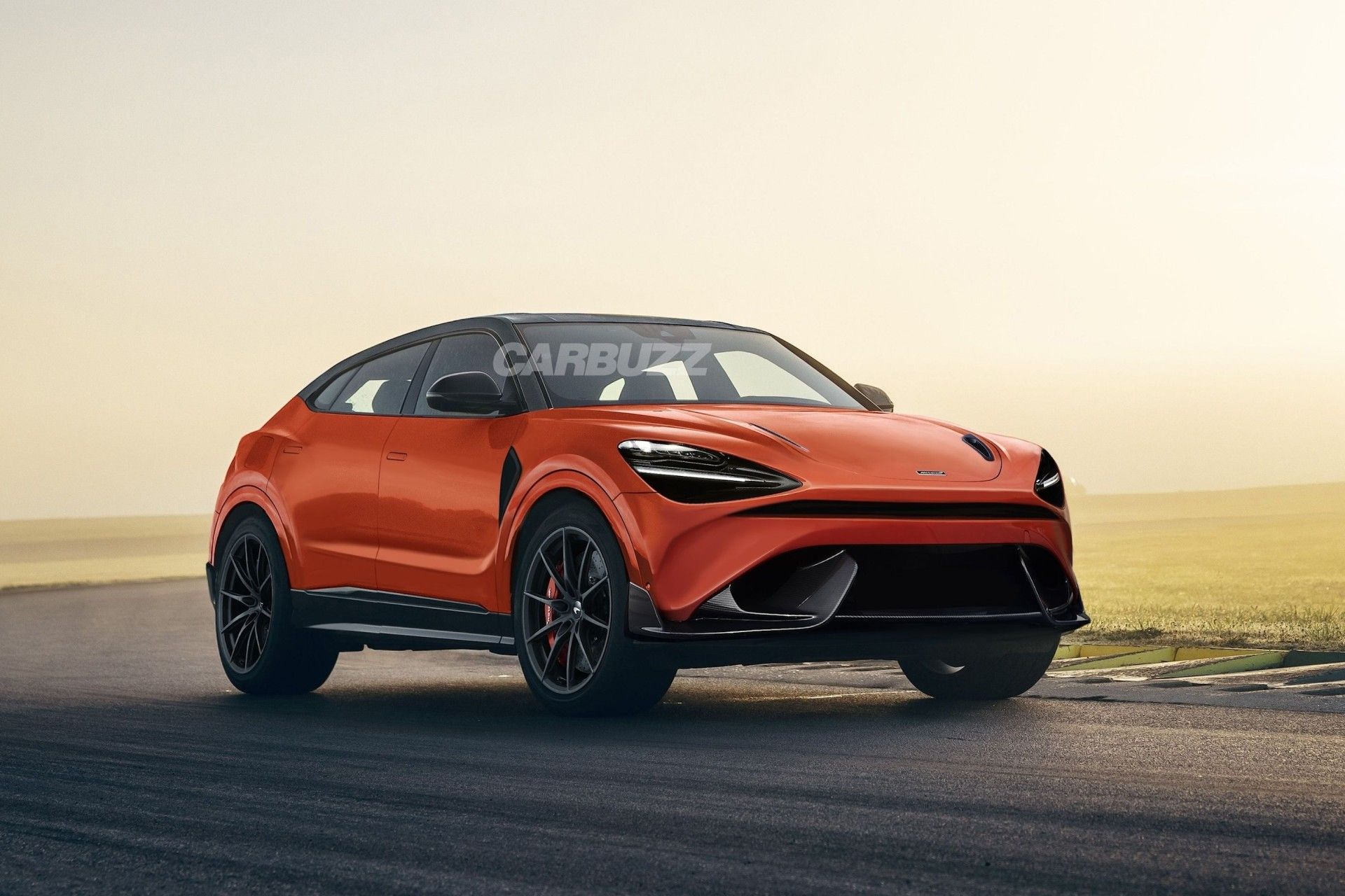 نمای سه‌چهارم جلو مک‌لارن شاسی‌بلند رندر غیر رسمی