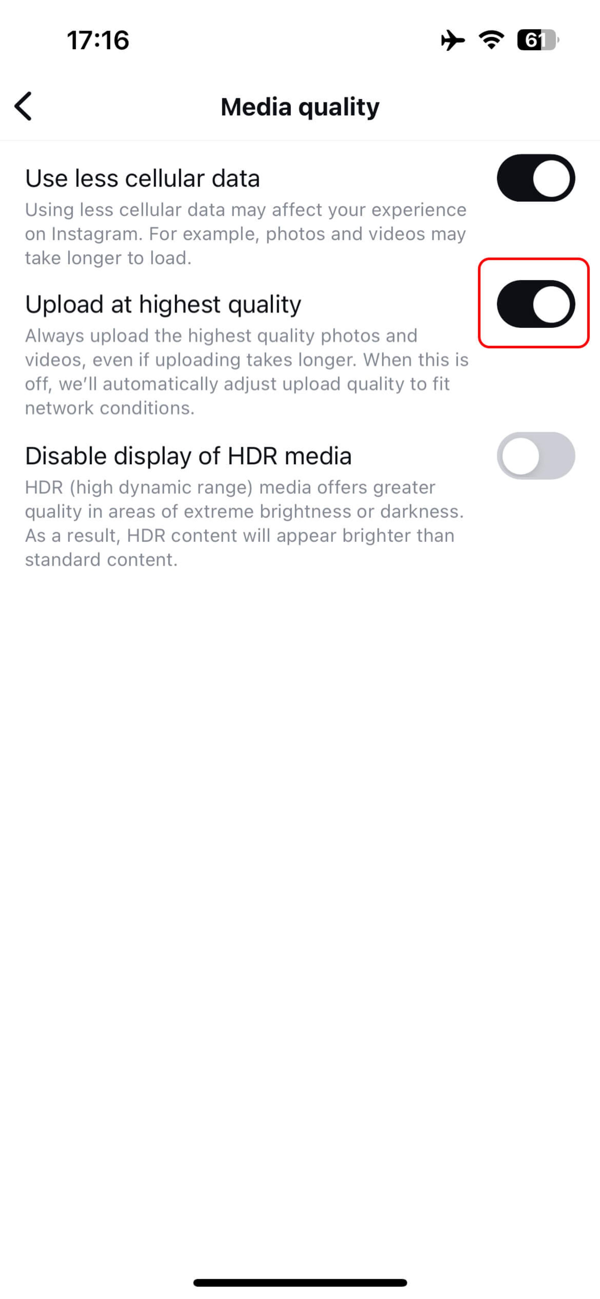 خاموش کردن دکمه Upload at highest quality برای کاهش مصرف اینترنت اینستاگرام