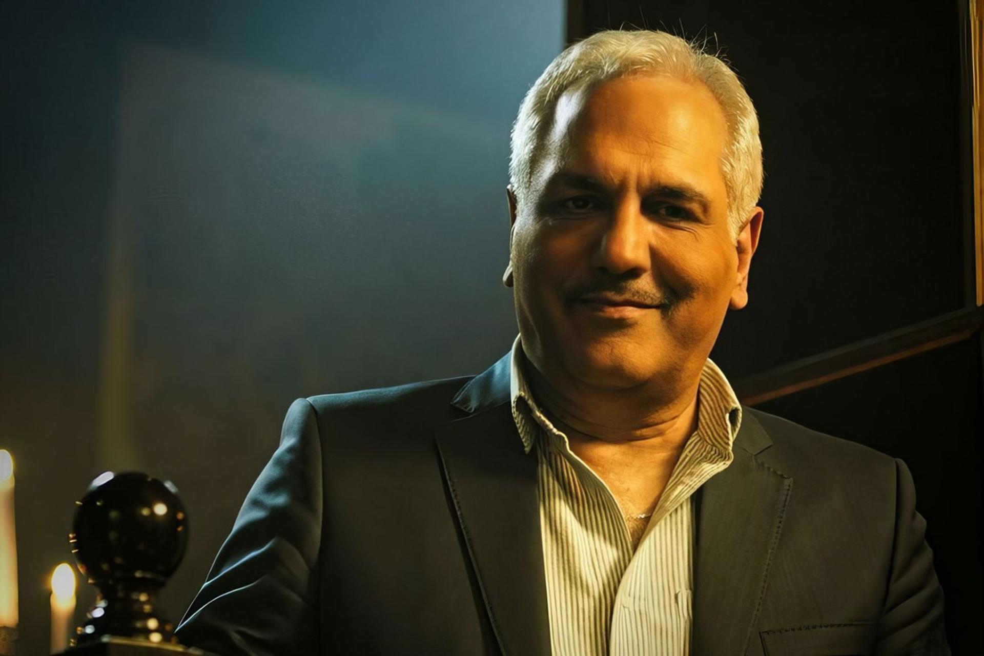 مهران مدیری درحال لبخند مستقیم زدن به دوربین