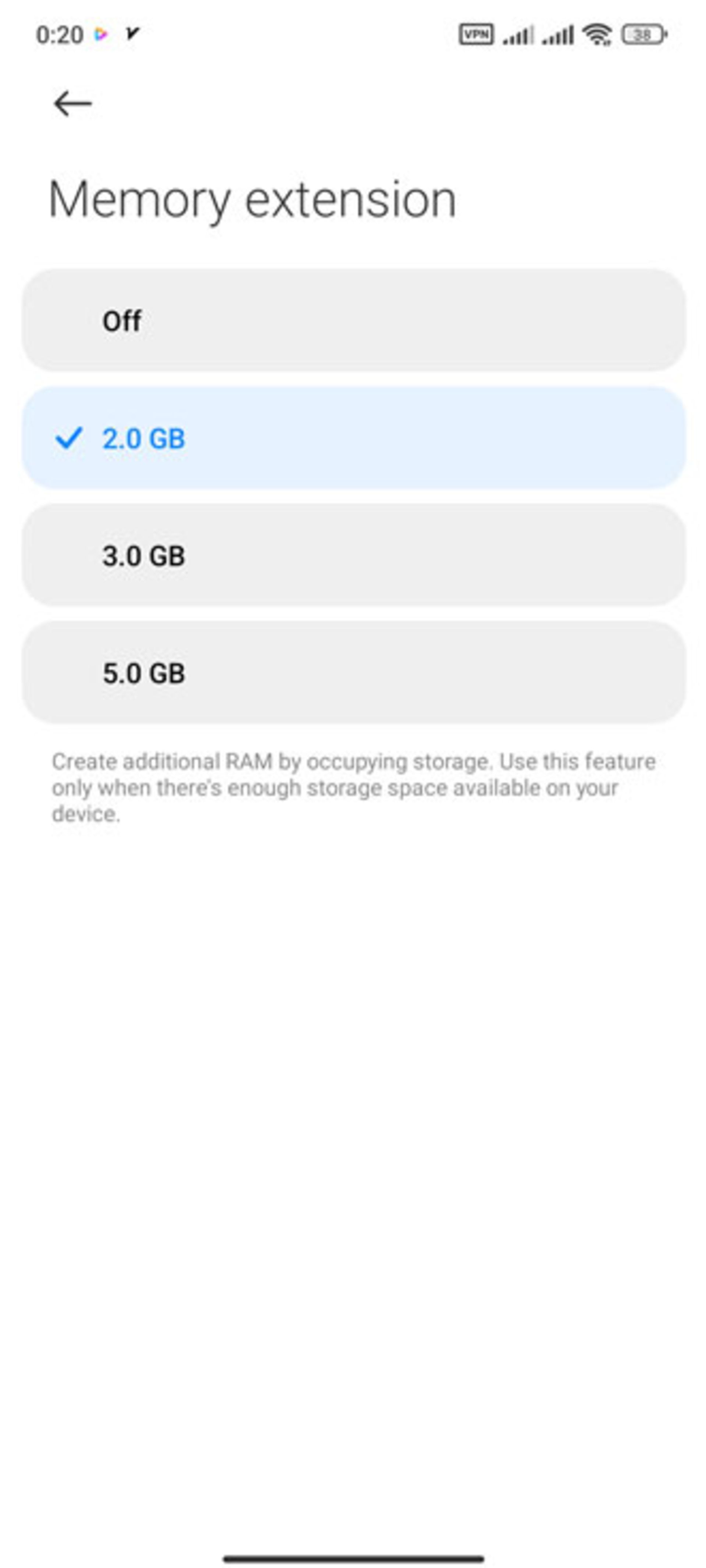 گزینه‌ی Memory extension