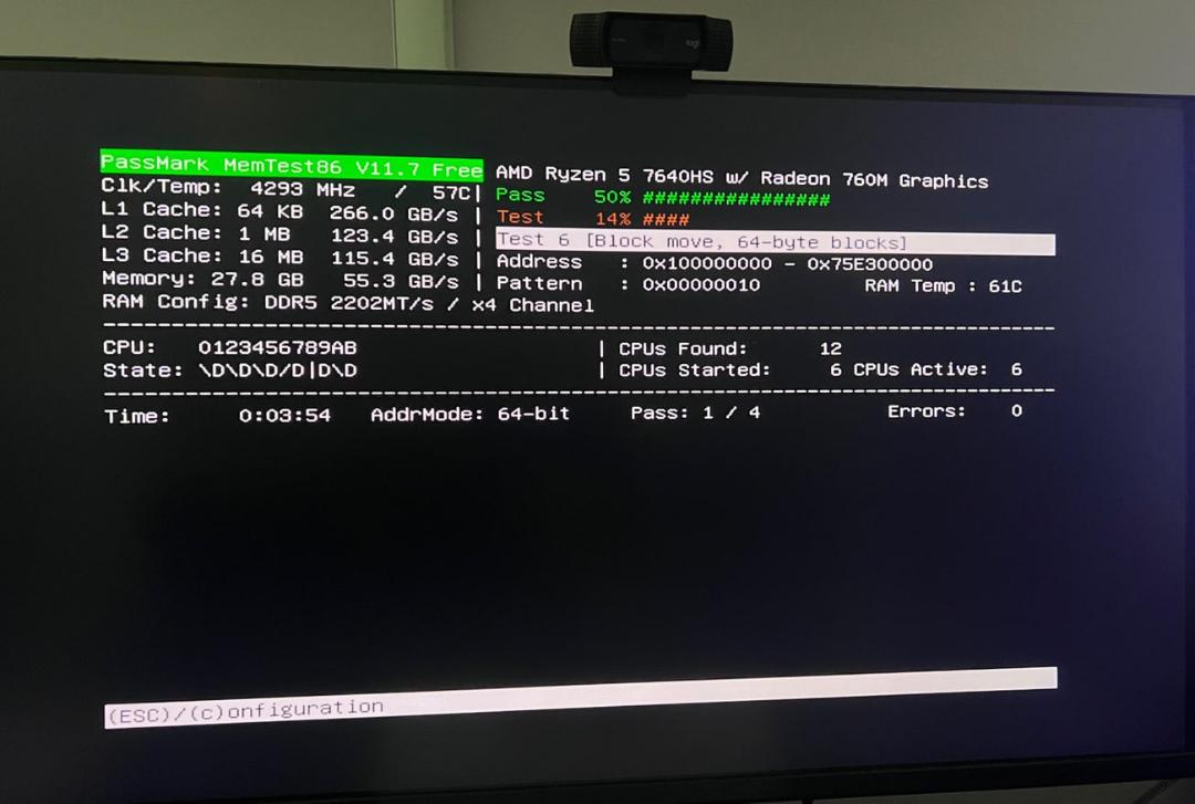 نمایش اطلاعات تست سلامت رم (RAM) و پردازنده در نرم‌افزار PassMark MemTest86