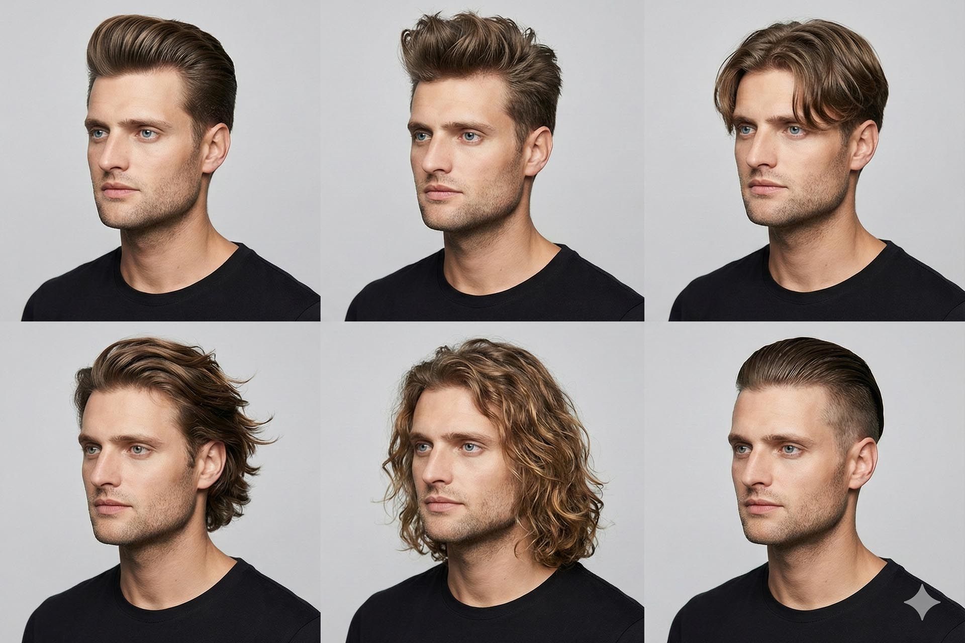 یک جدول ۲ در ۳ شامل پرتره‌ی یک مرد با مدل‌های مو متفاوت