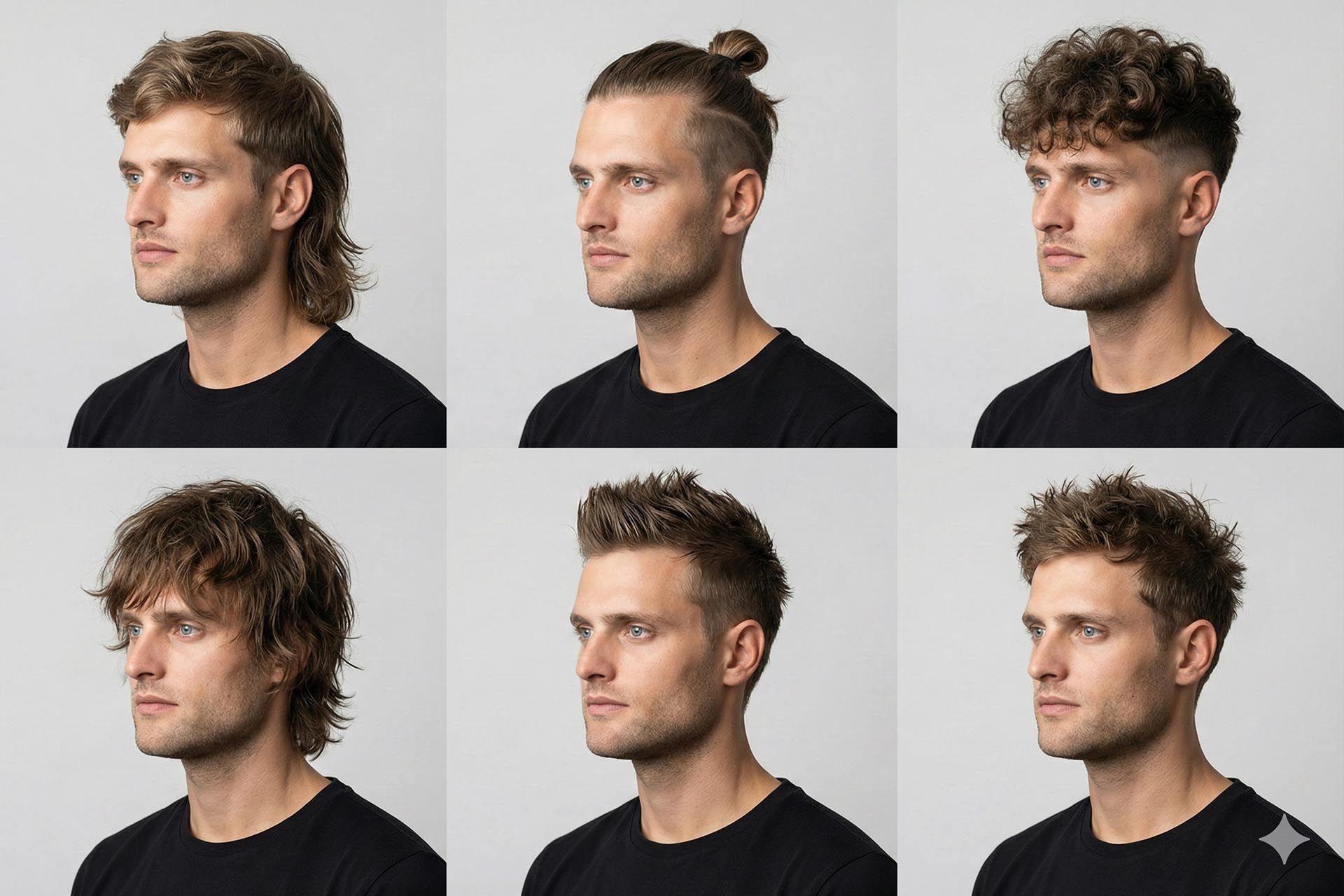 یک جدول ۲ در ۳ شامل پرتره‌ی یک مرد با مدل‌های مو متفاوت