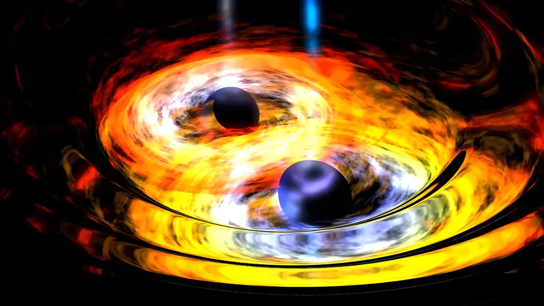 دو سیاهچاله (Black Hole) در حال چرخش به دور یکدیگر در میان هاله‌ای از نور و انرژی