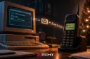 پیام Merry Christmas در حال انتقال از مانیتور قدیمی به تلفن همراه قدیمی