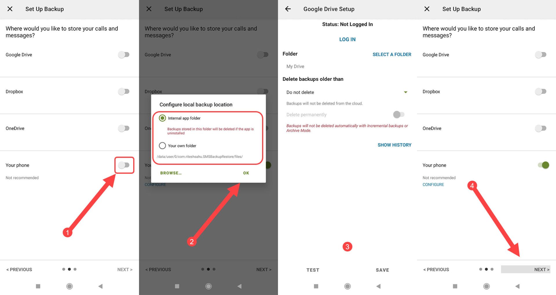 منوی برنامه SMS Backup & Restore