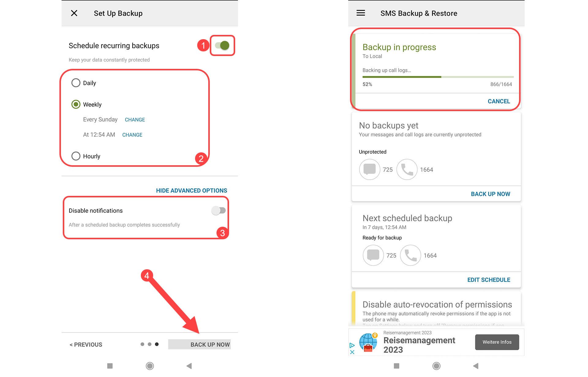 منوی برنامه SMS Backup & Restore
