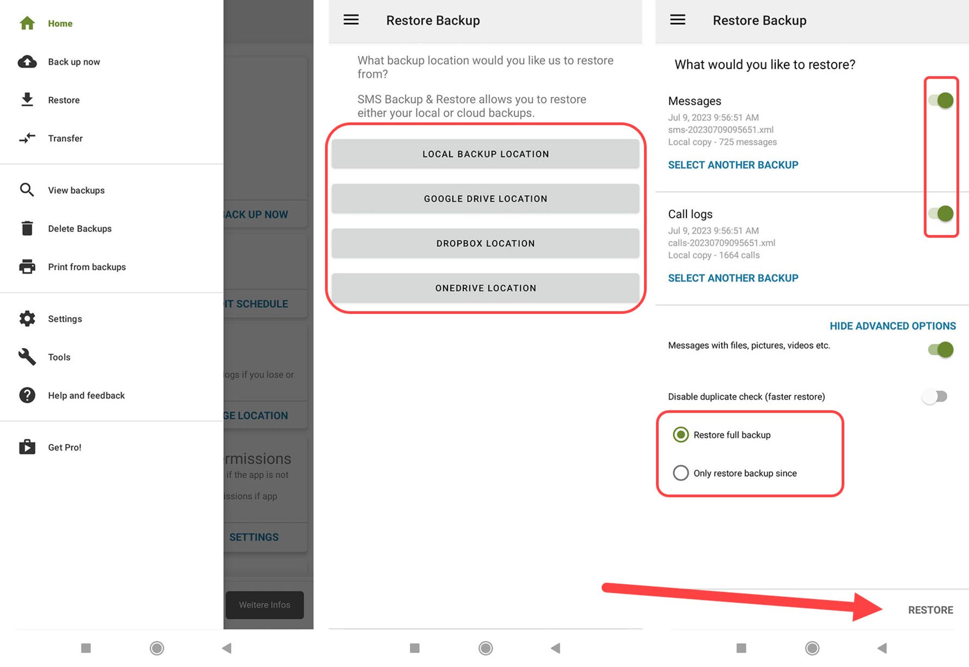 منوی برنامه SMS Backup & Restore