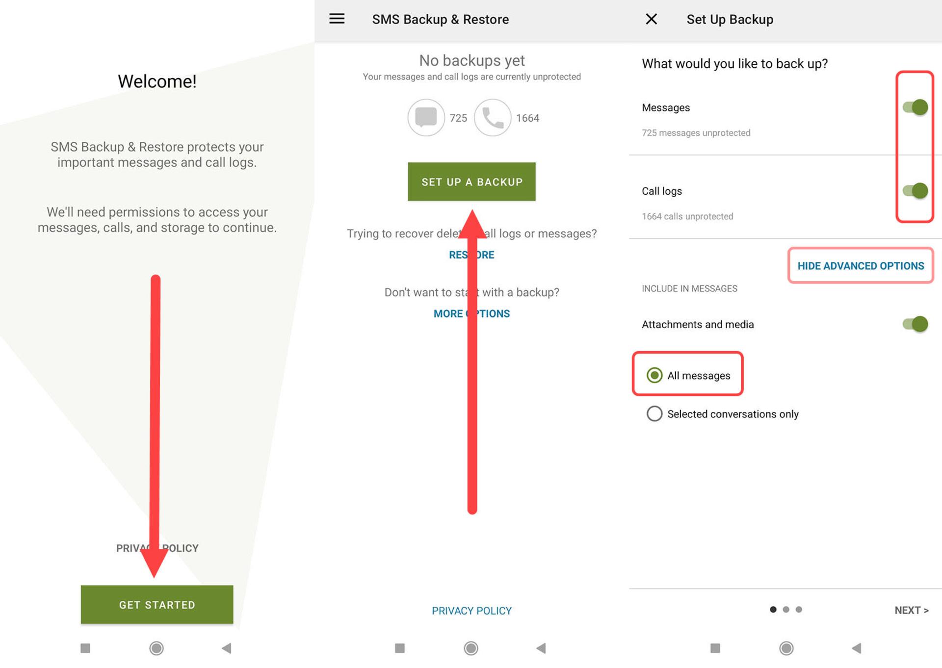 منوی برنامه SMS Backup & Restore