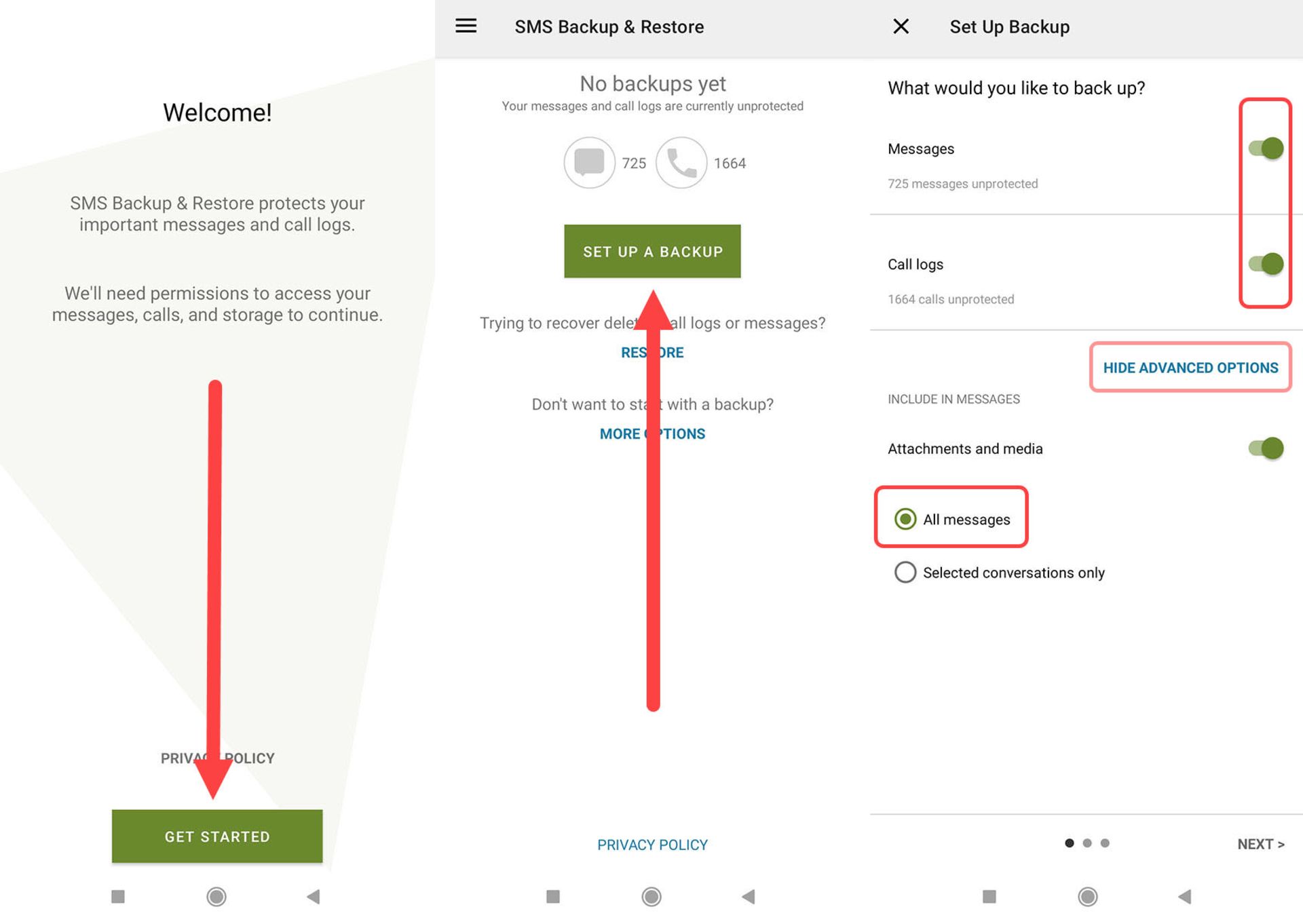 منوی برنامه SMS Backup & Restore