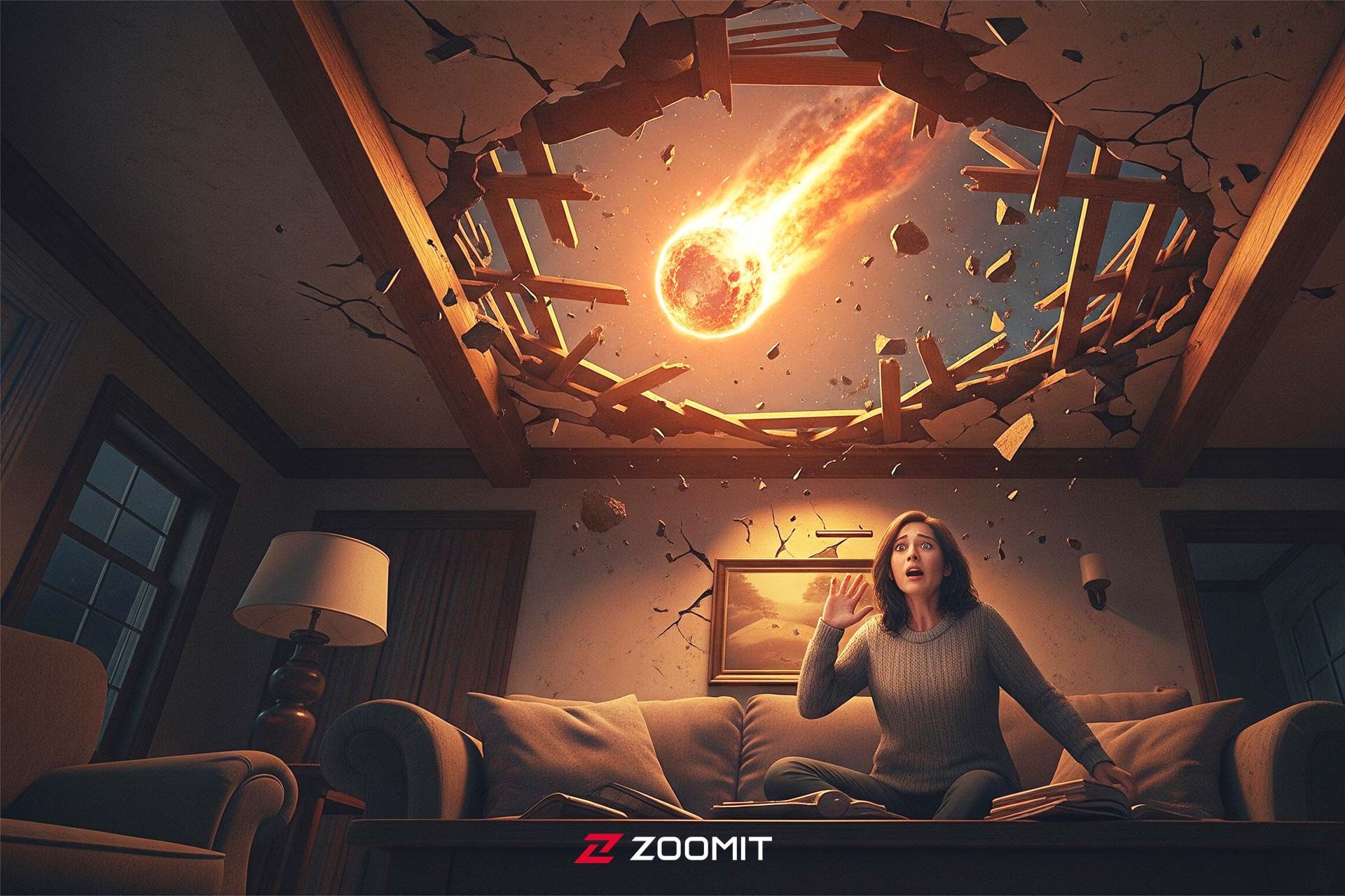 تصویرسازی از برخورد شهاب‌سنگ به سقف خانه و سوراخ‌کردن آن