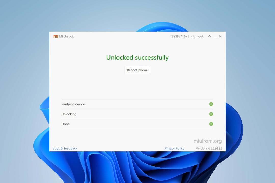 صفحه‌ی آنلاک موفقیت آمیز بوت لودر در mi unlock tool