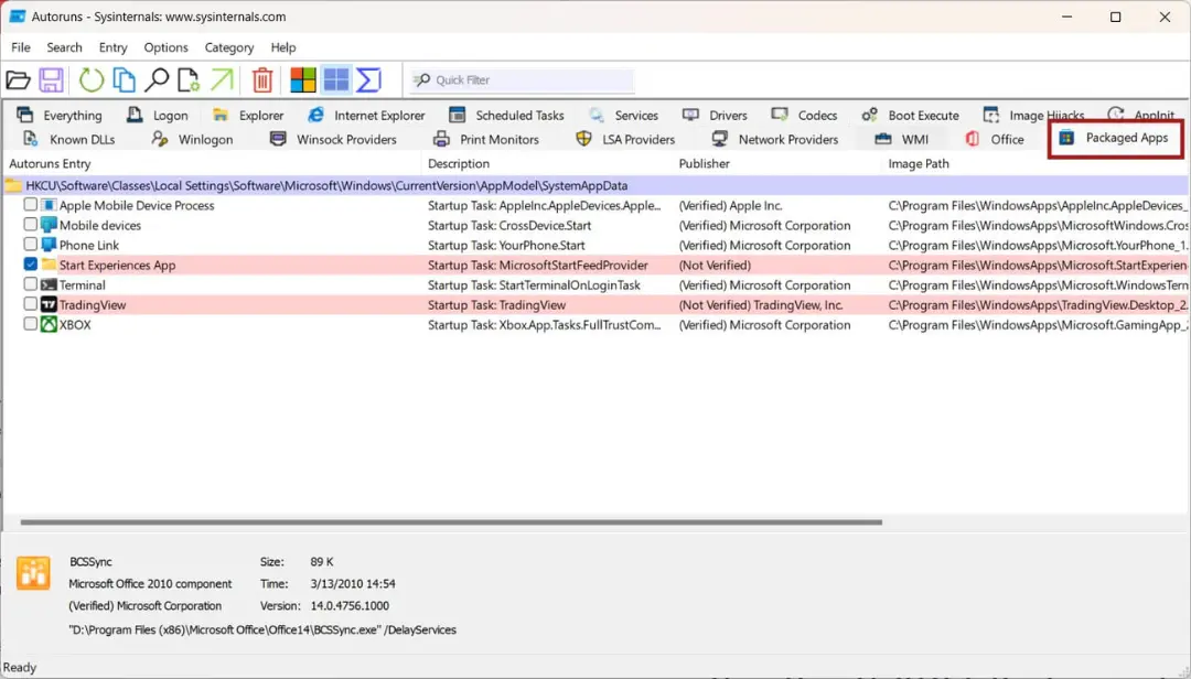 فهرست برنامه‌های استارتاپ در بخش Packaged Apps ابزار Autoruns