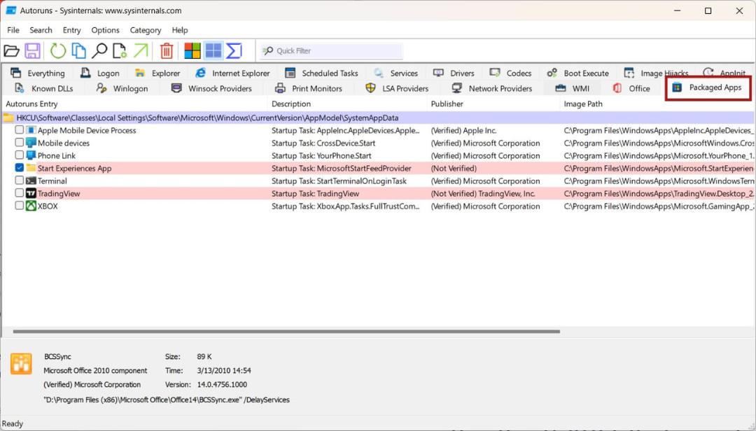 فهرست برنامه‌های استارتاپ در بخش Packaged Apps ابزار Autoruns
