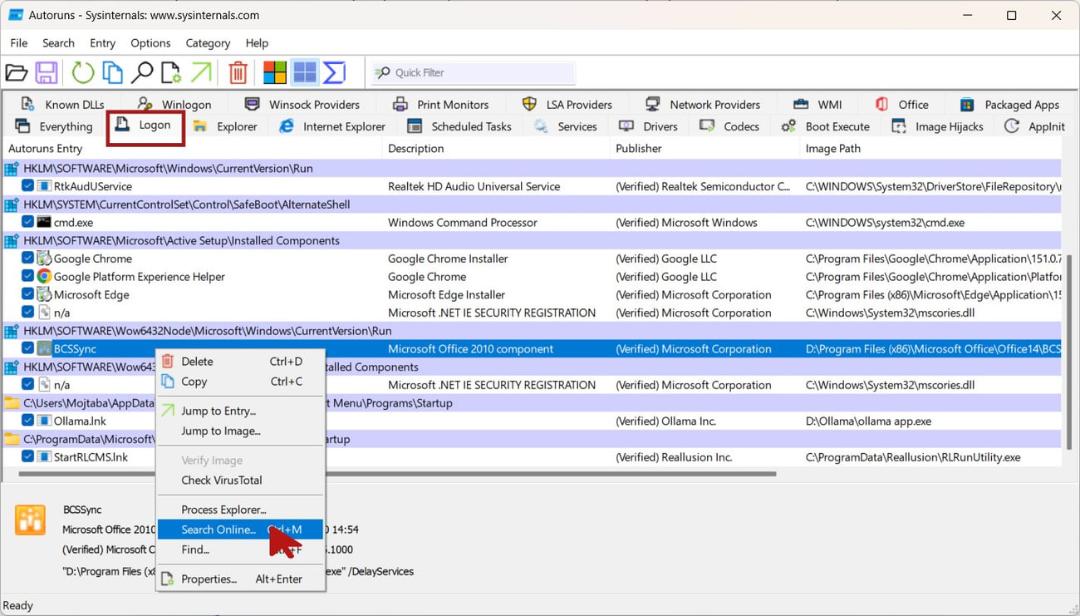 فهرست برنامه‌های استارتاپ ویندوز در محیط ابزار Autoruns مایکروسافت
