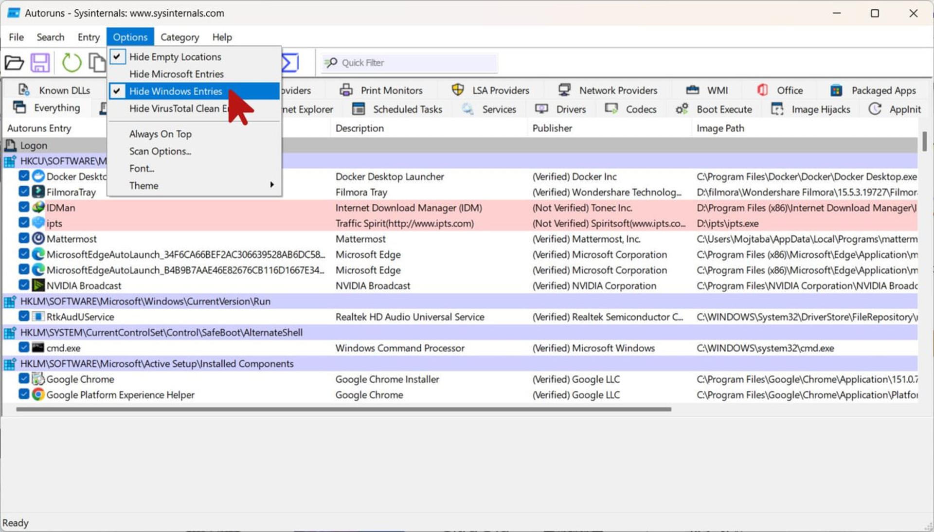 فهرست برنامههای استارتاپ ویندوز در محیط نرمافزار Autoruns (Sysinternals)