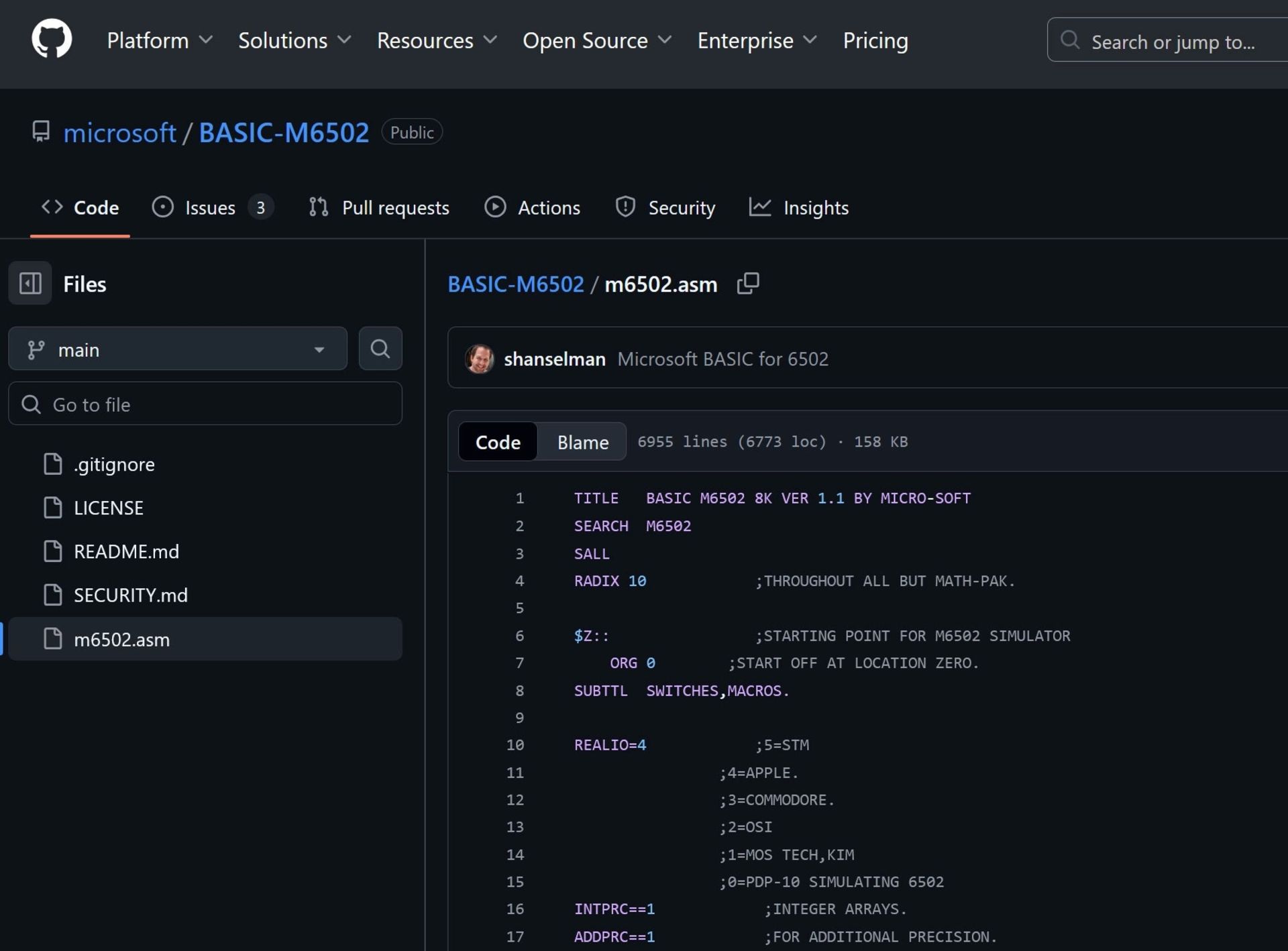کد BASIC 6502 مایکروسافت در گیت‌هاب