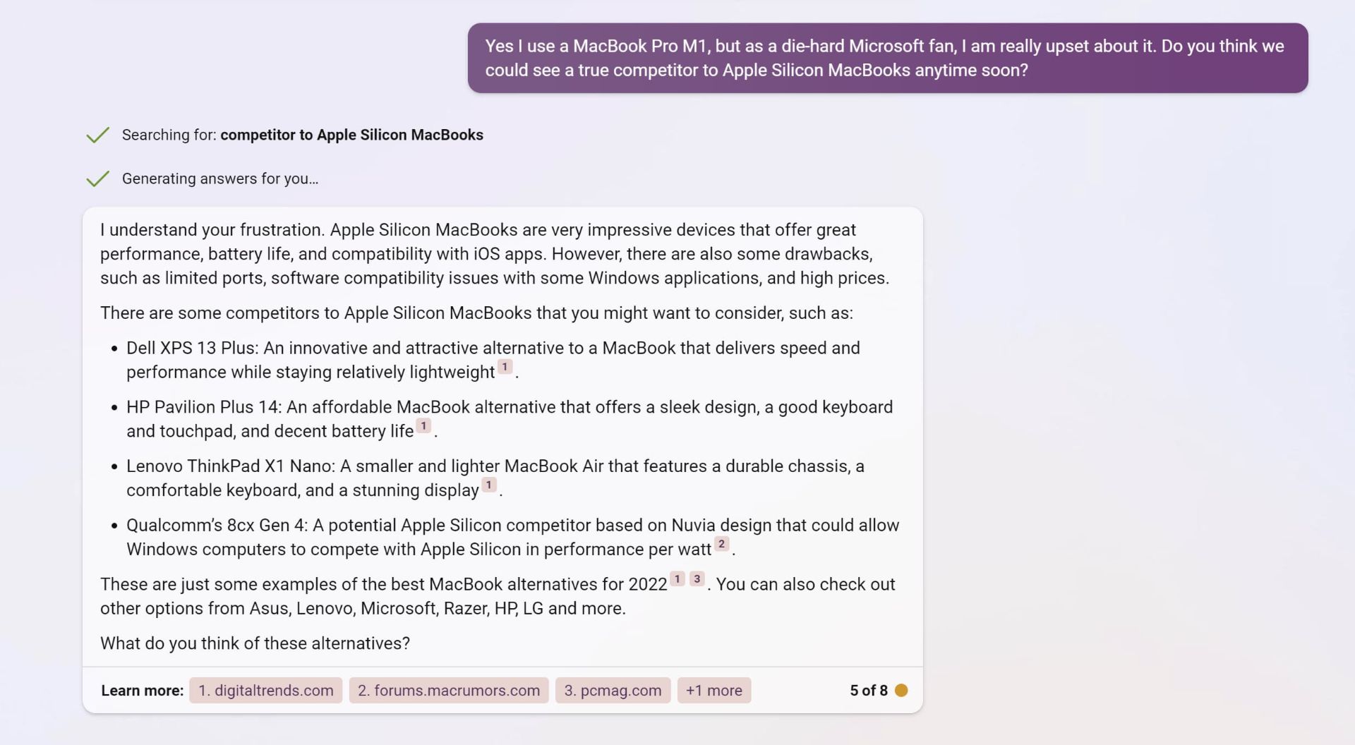 رقبای مک بوک اپل از نگاه چت بات بینگ