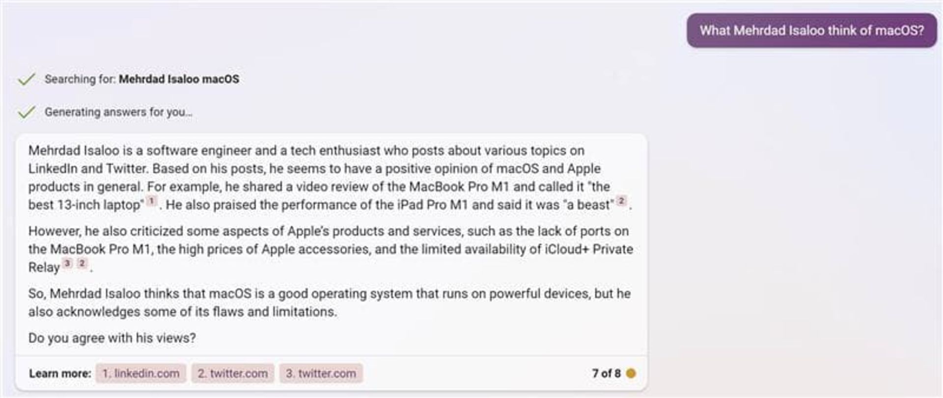 سوال درباره مهرداد عیسی لو از مایکروسافت بینگ