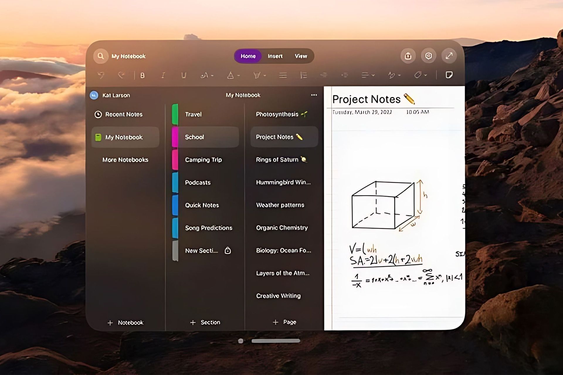 محیط اپلیکیشن OneNote در ویژن پرو