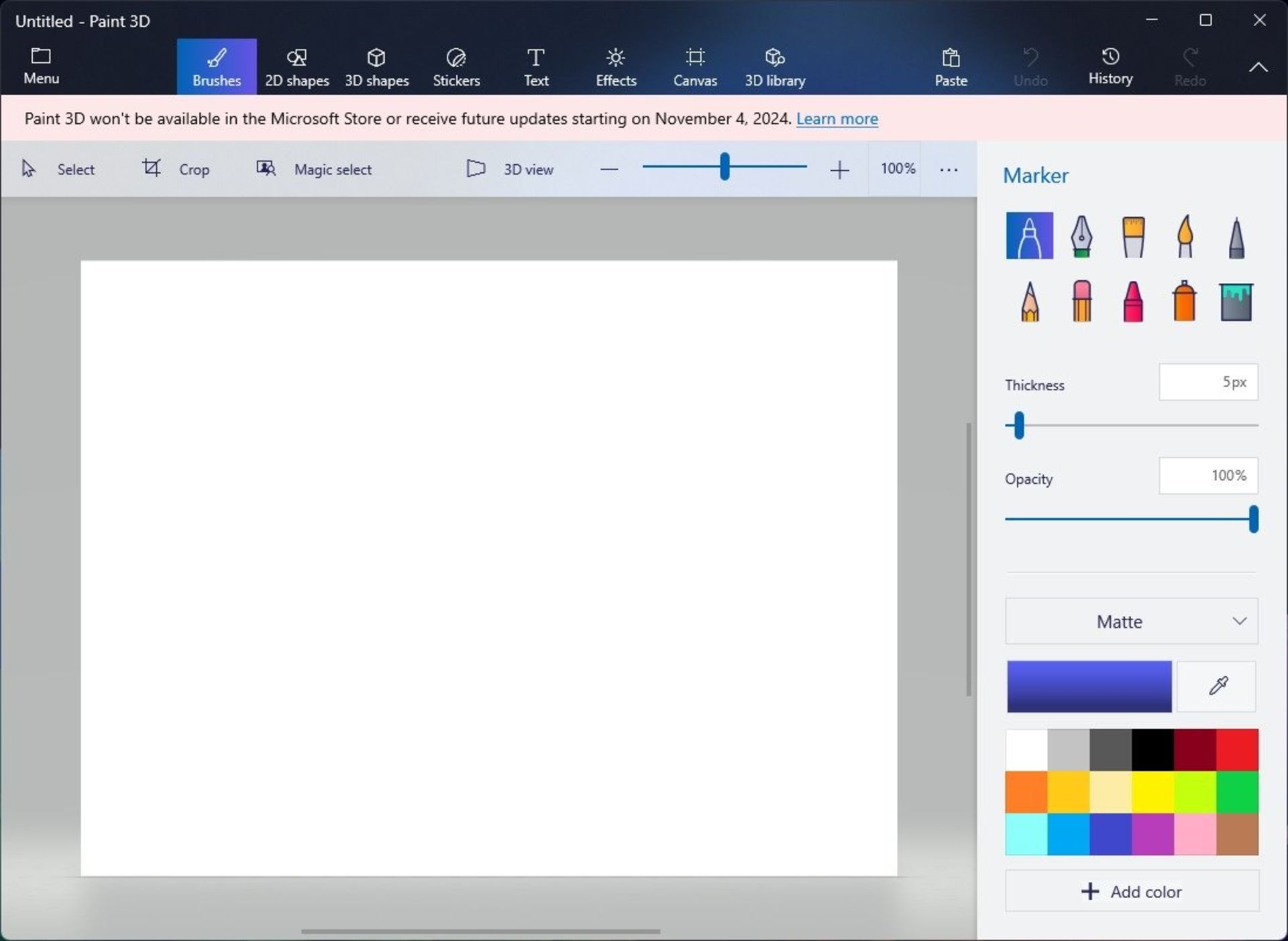 بنر پایان پشتیبانی از Paint 3D در بالای محیط اپلیکیشن