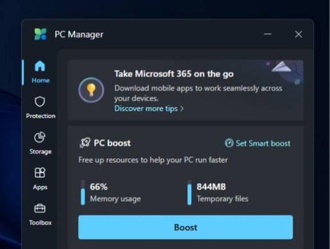 تبلیغات مایکروسافت ۳۶۵ در اپلیکیشن PC Manager ویندوز