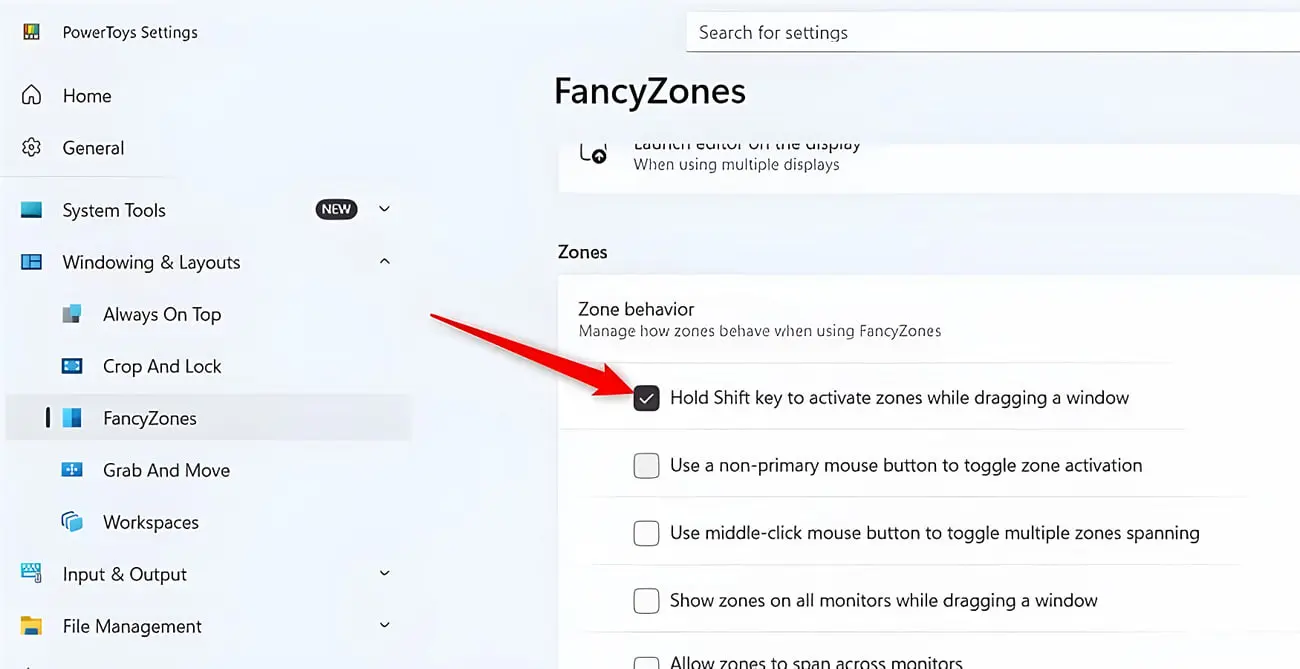 تنظیمات FancyZones در برنامه PowerToys برای چیدمان پنجره‌های ویندوز