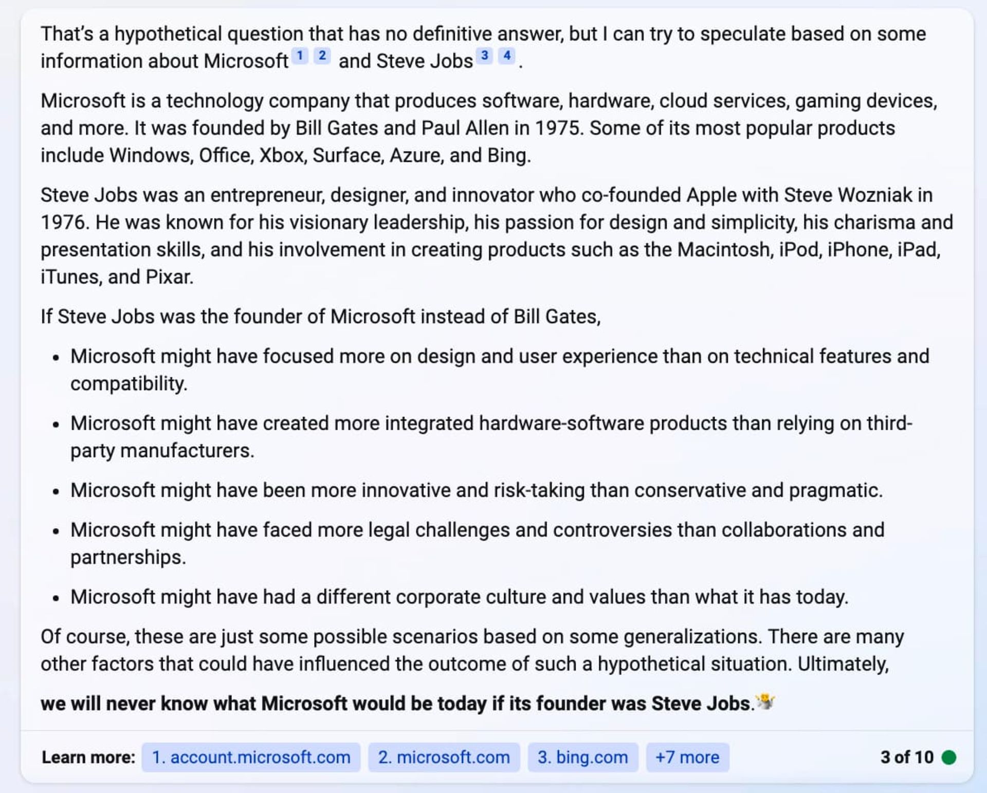 پاسخ بینگ به سوال درباره مایکروسافت و استیو جابز