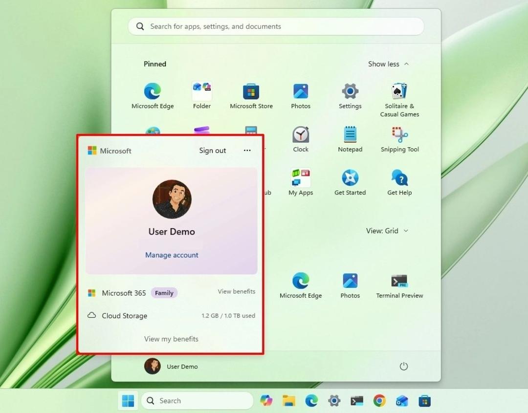 نمای باز شده از منوی مدیریت حساب کاربری مایکروسافت با نام User Demo در محیط ویندوز ۱۱