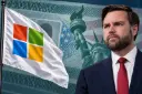 پرچم مایکروسافت (Microsoft) در کنار چهره‌ای از معاون ترامپ در پس‌زمینه