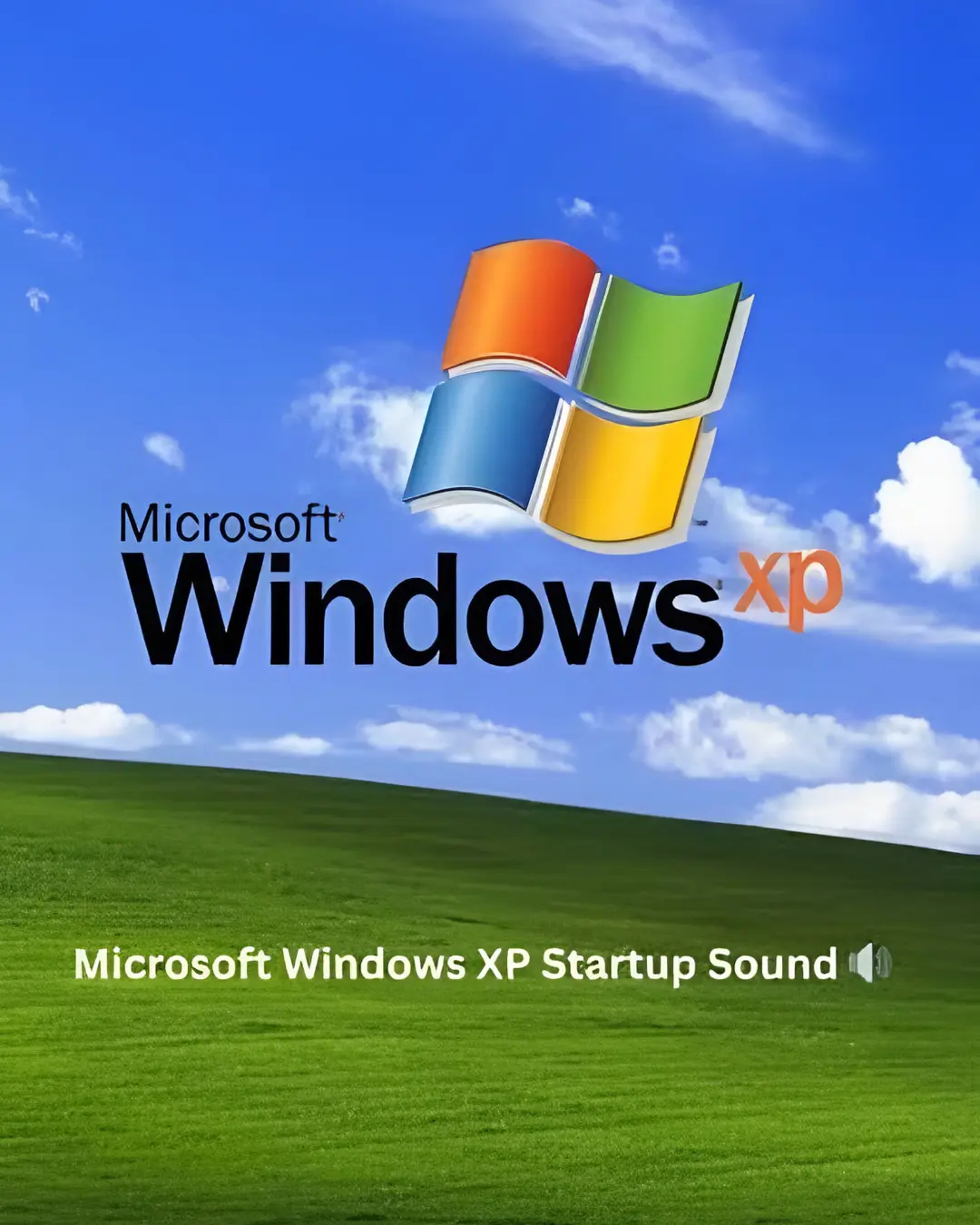 لوگوی ویندوز اکس‌پی (Windows XP) بر پس‌زمینه آسمان آبی و تپه‌های سبز