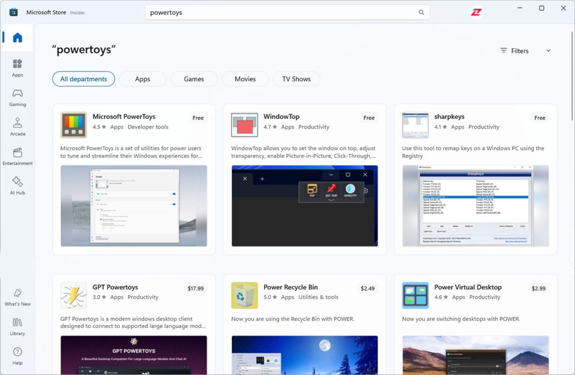 جست‌وجوی عبارت powertoys در فروشگاه مایکروسافت