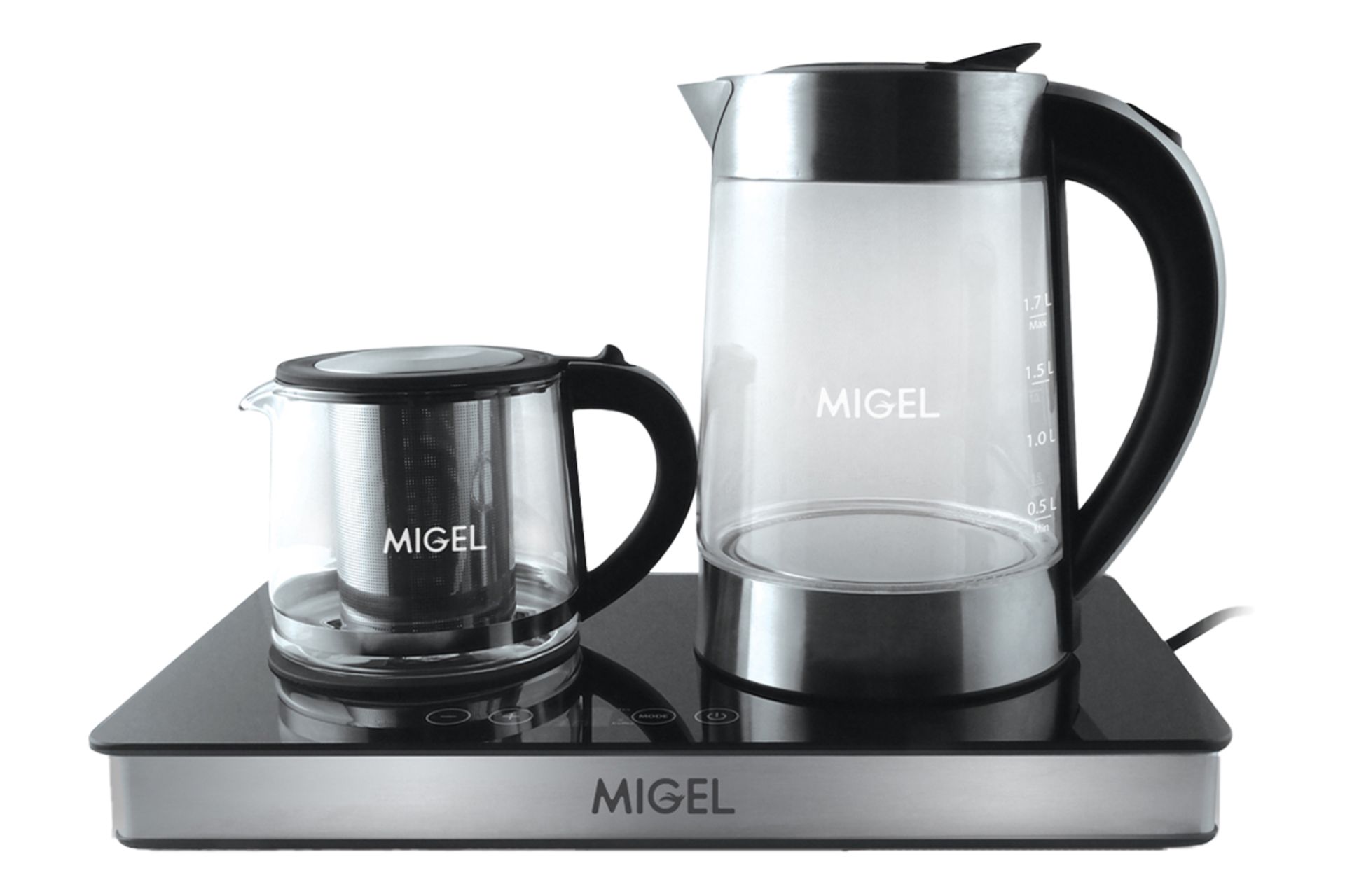 نمای کلی چای ساز میگل GTS 122 با نمایش قوری و کتری رنگ نقره‌ای