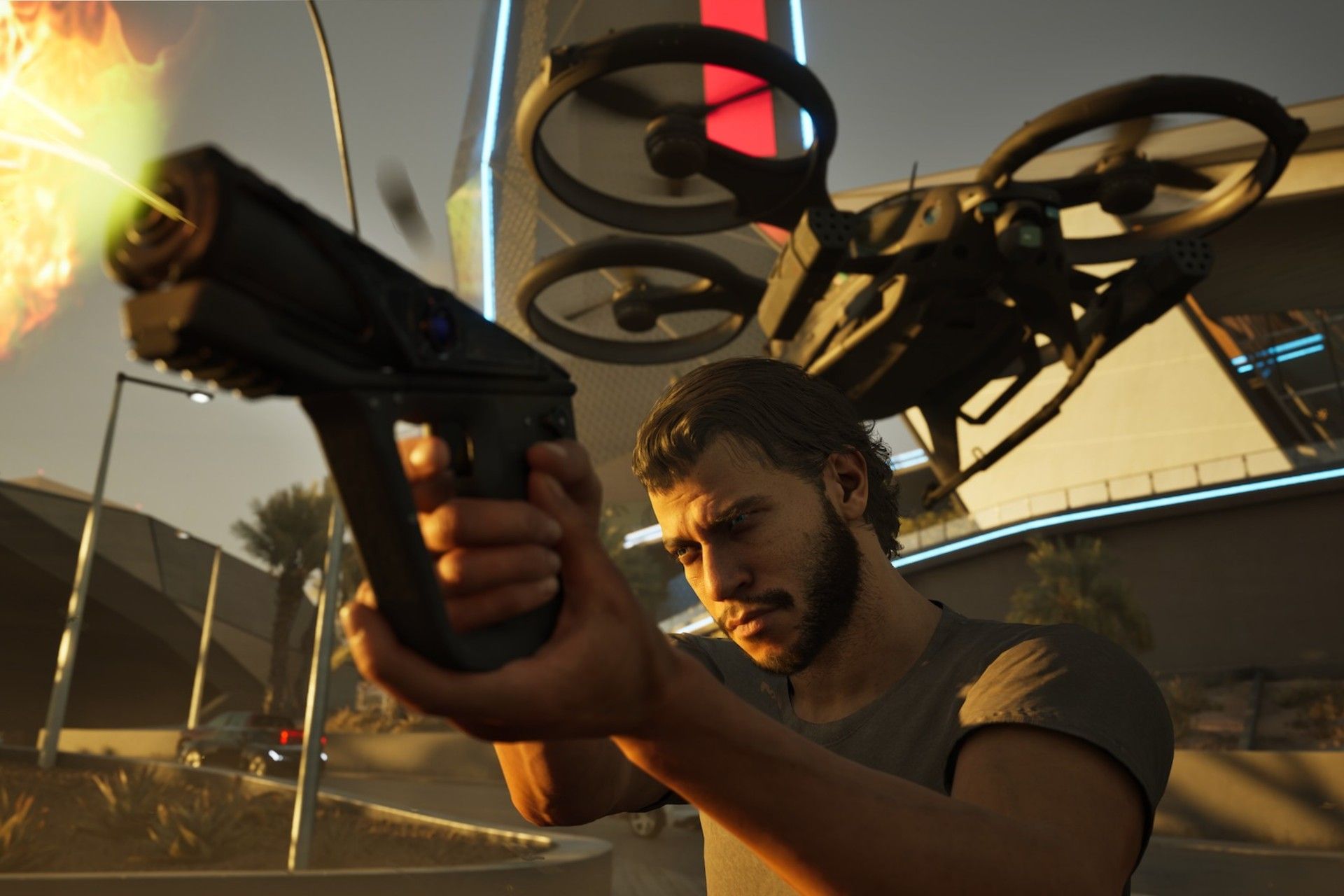 یک مرد اسلحه به‌دست و یک پهپاد در بازی Mindseye