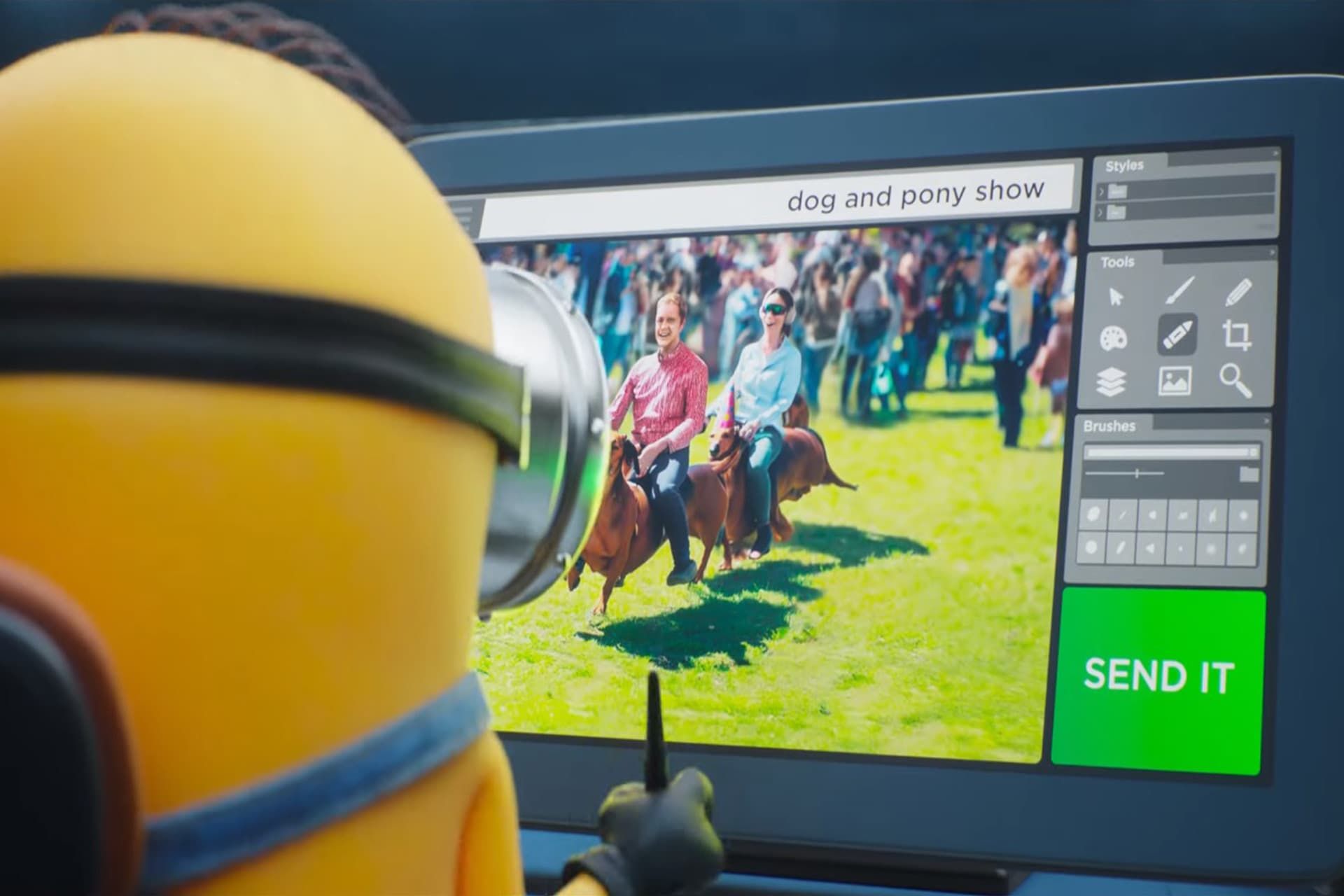 نمایی از یک مینیون که در حال ایجاد یک تصویر به وسیله هوش مصنوعی است.